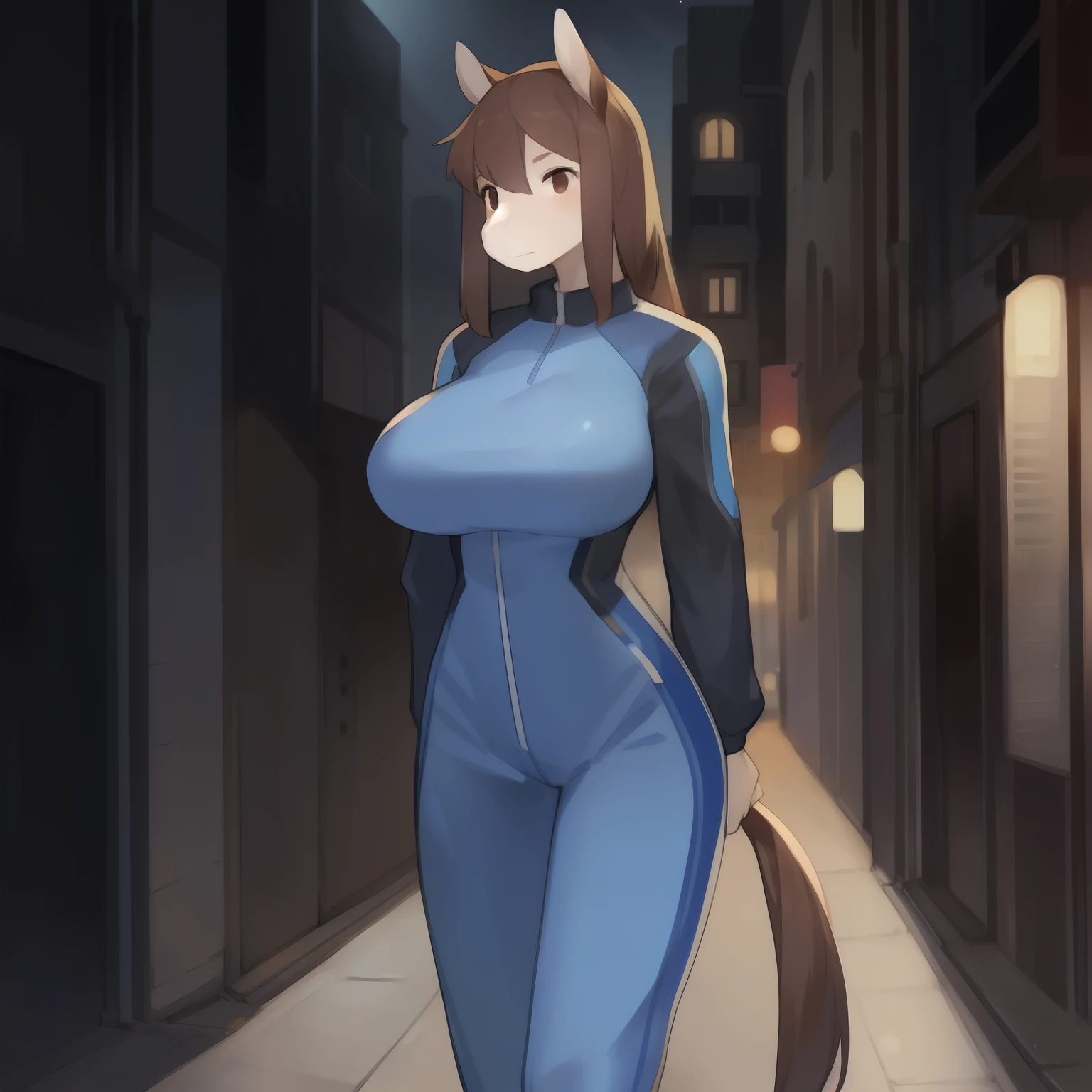Solo, female, standing, by bebebebebe, horse, ((hair)), black fur, dark mahogany hair, short, slim, big breasts, small waist, street, blue military spacesuit