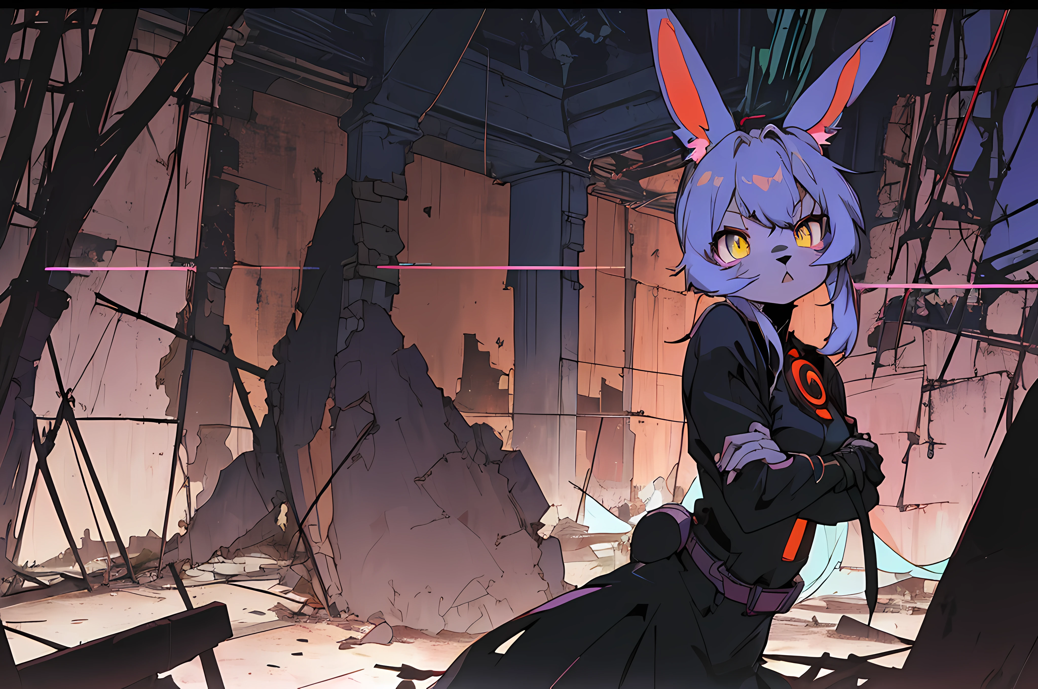 (vintage vhs), (crt screenshot), (((dark scene))), (((dark cloudy scene))), (((bleak dark nighttime unlit scene, dark colors))), (((underground basement scene))), (((unlit nighttime scene))), (((dark abandoned cathedral house))), (((solemn blue anthro kemono furry rabbit exploring old ruins))), (((underground cavern exploring in old ruins))), anime rabbit character with futuristic hair and glowing eyes exploring old ruins, anime art, anime aesthetic, (((old ruins in background cel art))), kemono anime rabbit girl, wearing cybernetic bunny ears, angry female fighter --v6