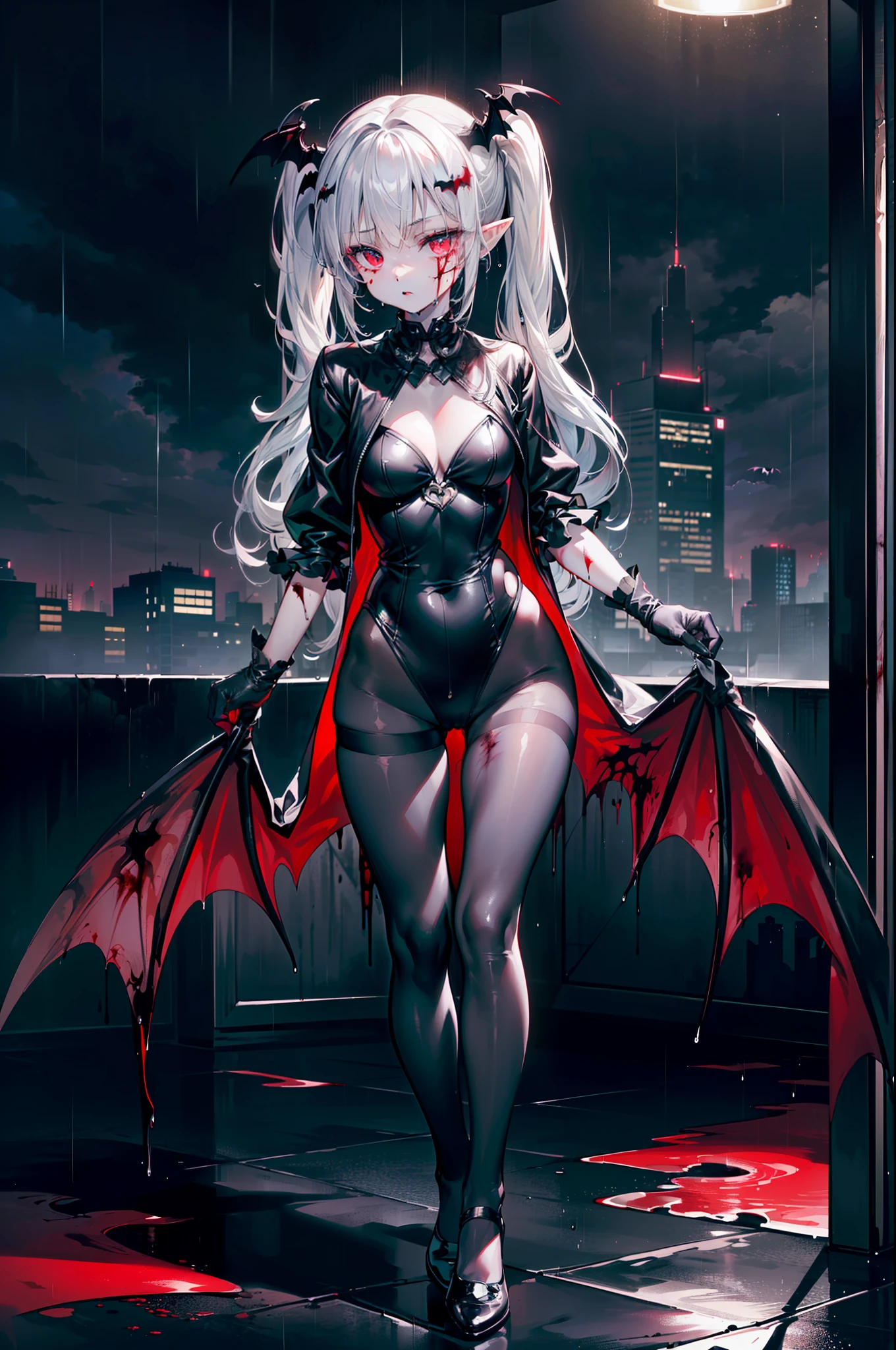 ((masterpiece, best quality, extremely detailed CG, unity 8k wallpaper,anatomically correct,ultra resolution)),Award-winning photography,(best illumination,Very Delicate and Beautiful),(one girl,solo,loli:1.5),(Vampire:1.45),silver hair,(twintails:1.2),glowing red eyes,(pale skin:1.45),(extremely beautiful and detailed face:1.2), (extremely beautiful and detailed eyes:1.2),perfect hands,delicate legs,((bat hair ornament)),(graceful,fashion),pointy ears,((nano leotard:1.4,black pantyhose,leather shoes,black leather gloves)),looking at viewer,(cute:1.5),((night, dark atmosphere, dark theme, darkness:1.5)),dramatic shadows,(dimly lit:1.5),blood on face,blood on floor, blood on walls,(blood mist,blood splash:1.4),depth of field,(Bustling city:1.2,in the rain:1.3),cloudy sky,raining,skyline,(perfect human body structure with maximum precision)