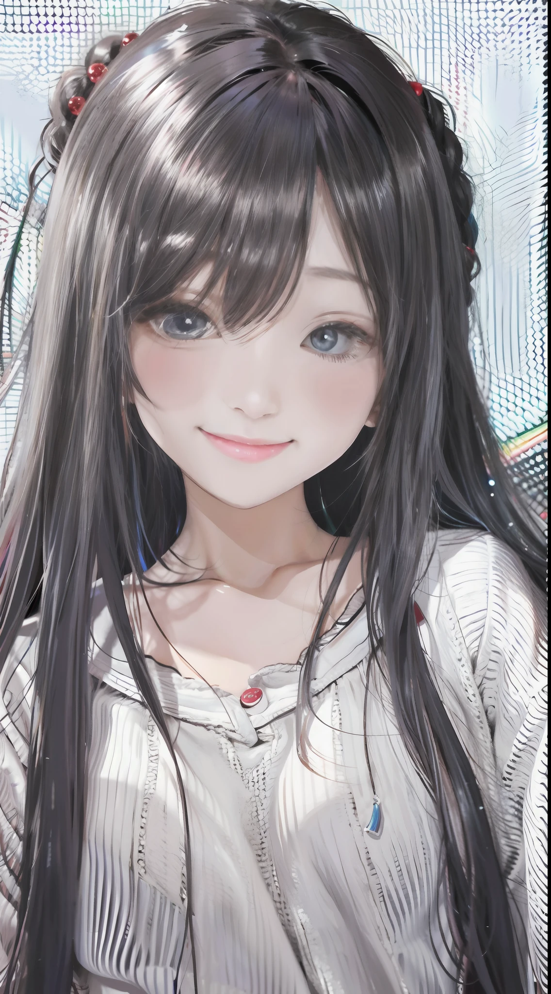 black hair, hair bobbles, light smile, streaked hair, mole under eye, glint, anime style, best quality,upper body,hair strand,Fair skin,side braids