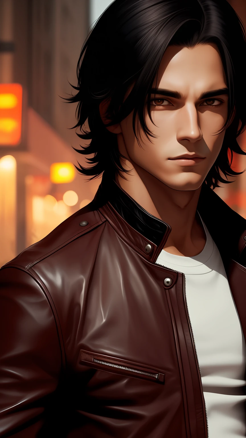 portraite of a. Young guy. black hair. red-eyes. leather jacket