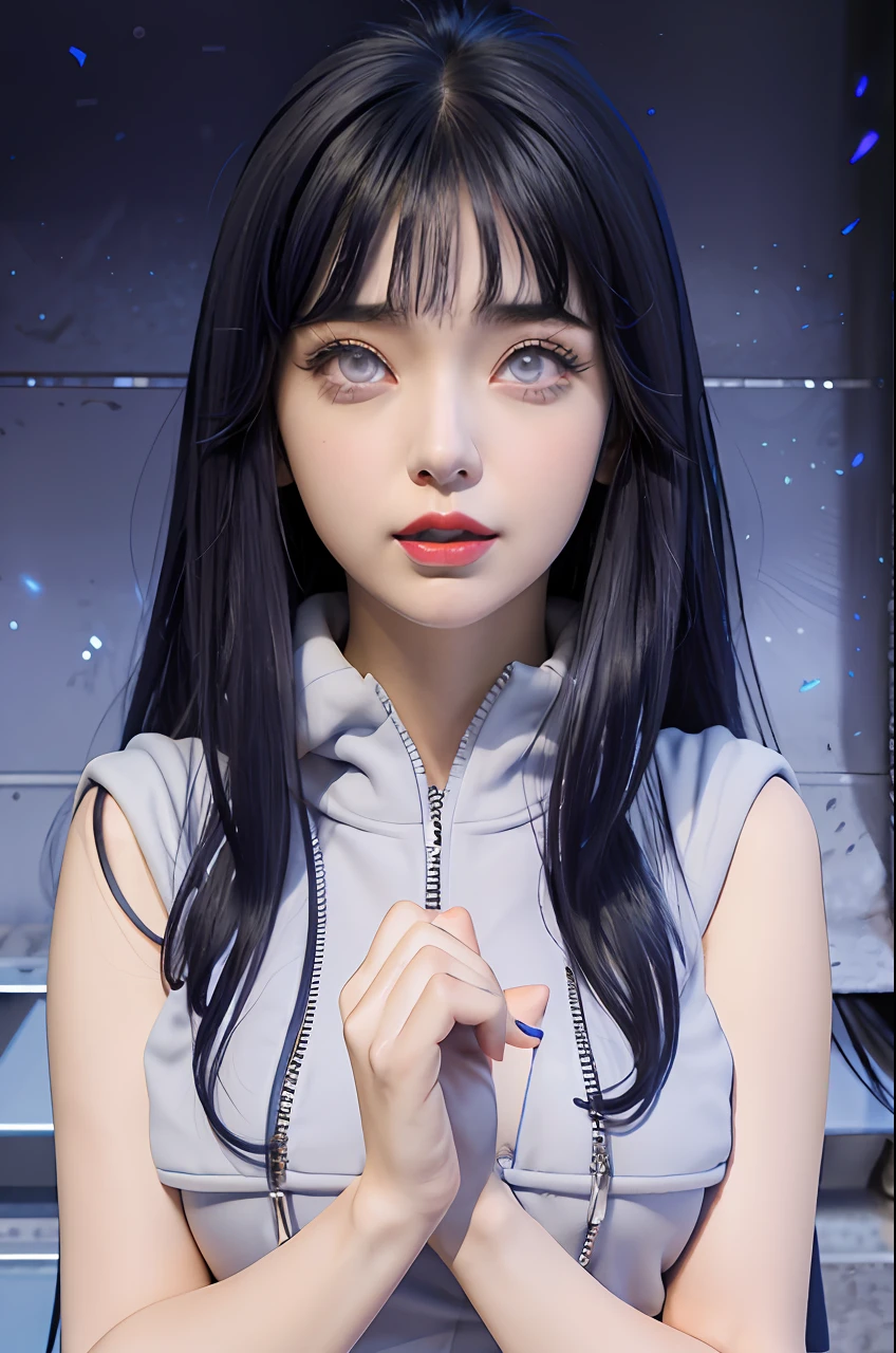 a close up of a person with long hair and a hoodie, hinata hyuga, hinata hyuga from naruto, from naruto, as an anime character, perfect anime face, she has dark blue hair with bangs, female anime character, anime character, anime best girl, hime cut hairstyle, dark blue hair, (red glossy lips:1.3), light purple eyes, big breasts, realistic, ultra detail