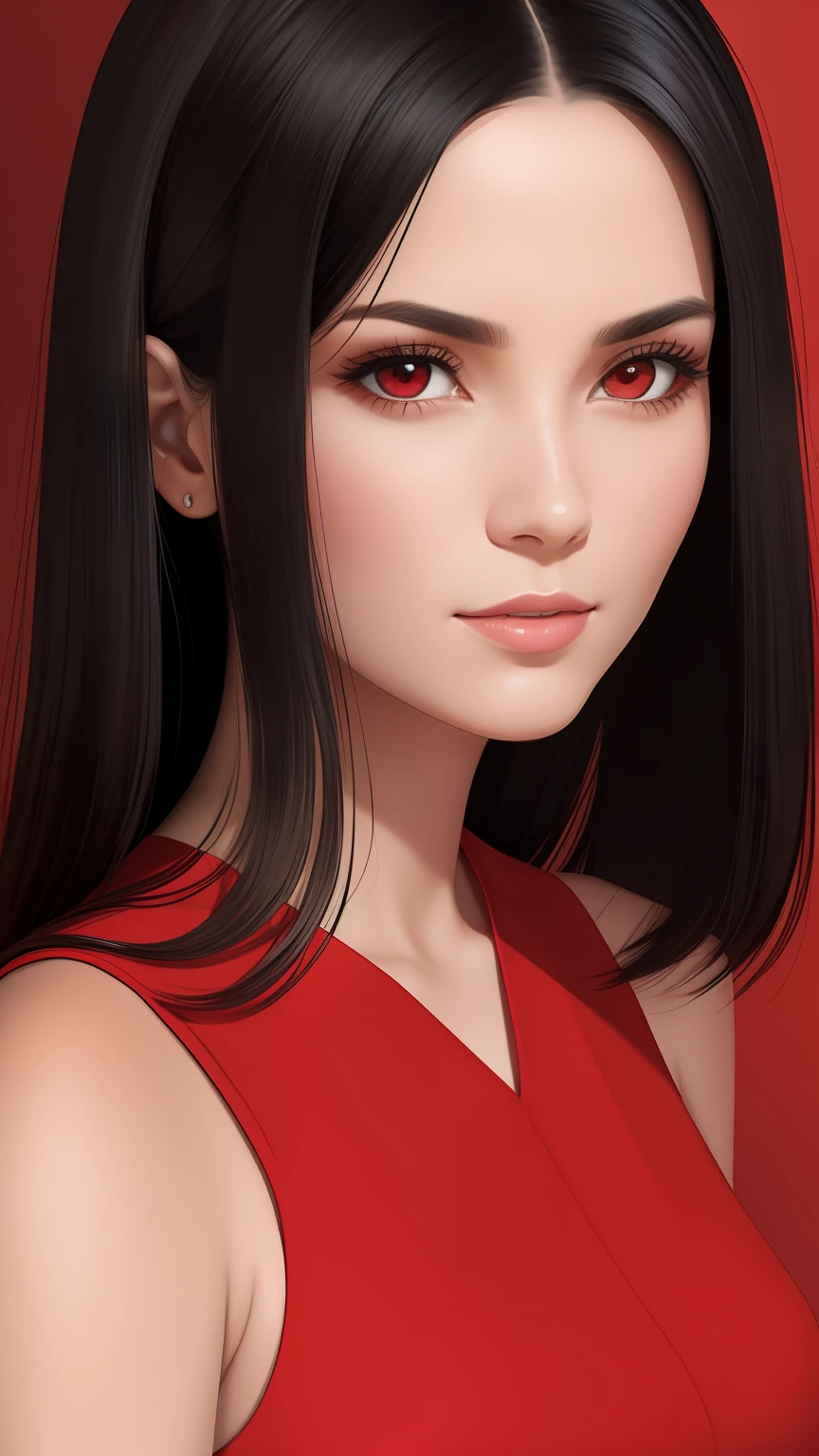 portraite of a. Woman 30 years old. black hair. square. red-eyes. suntan. Red dress. ornaments