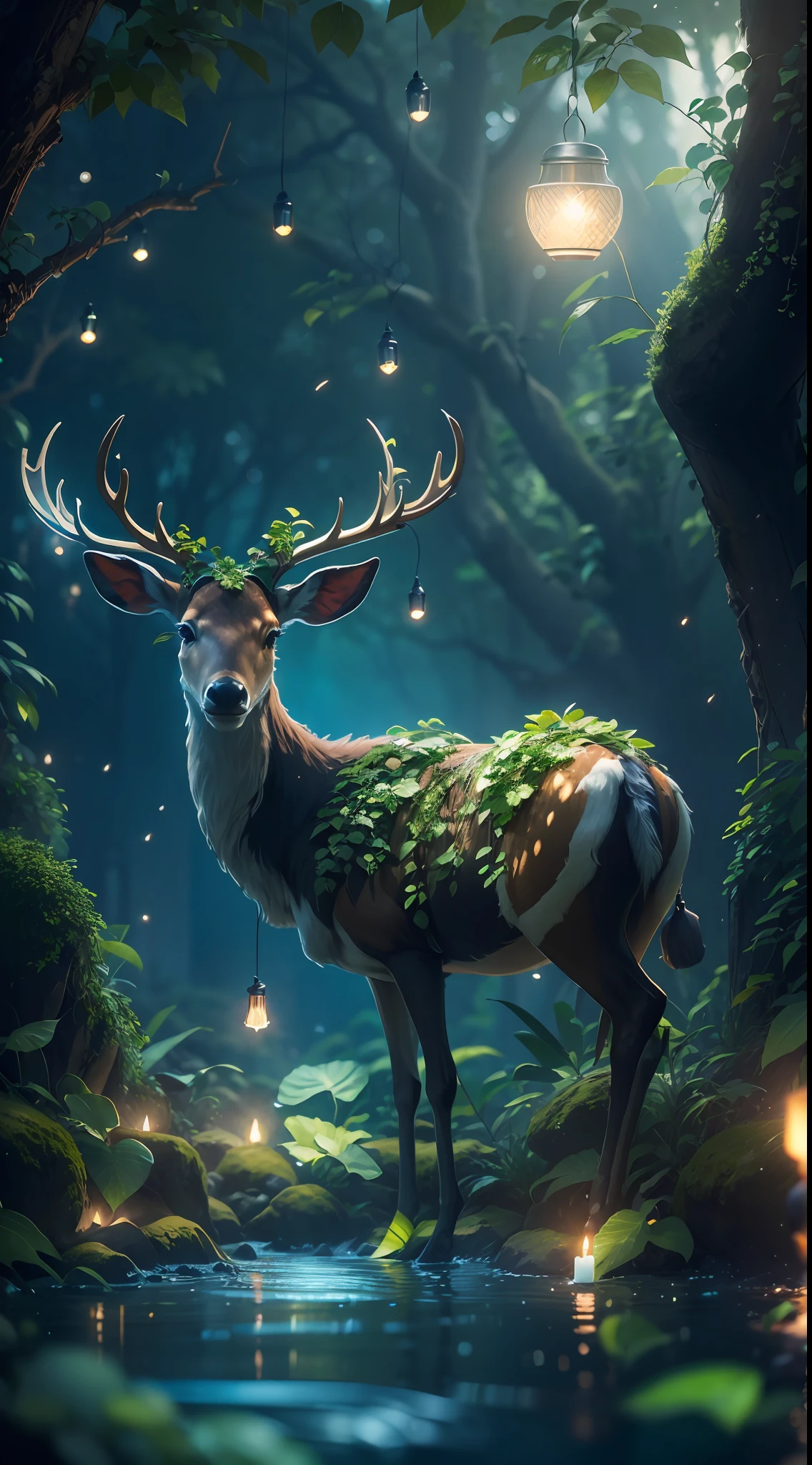 Masterpiece, best quality, (very detailed CG unity 8k wallpaper), (best quality), (best illustration), (best shadows), glow sprite, with a glowing deer, in the swimming pool Drinking water, natural elements in the forest theme. Mysterious forest, beautiful forest, nature, surrounded by flowers, delicate leaves and branches surrounded by fireflies (natural elements), (jungle theme), (leaves), (twigs), (fireflies), (particle effects) etc. 3D , Octane rendering, ray tracing, super detailed
