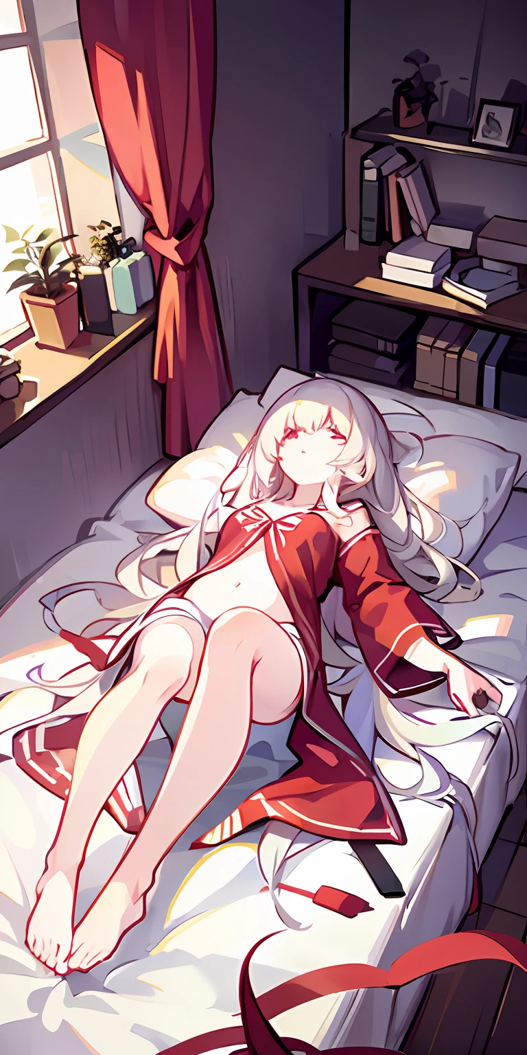 long white hair,red pupils,white pajama,The barefoot,Lie down in bed,Go to bed,Disheveled clothes
