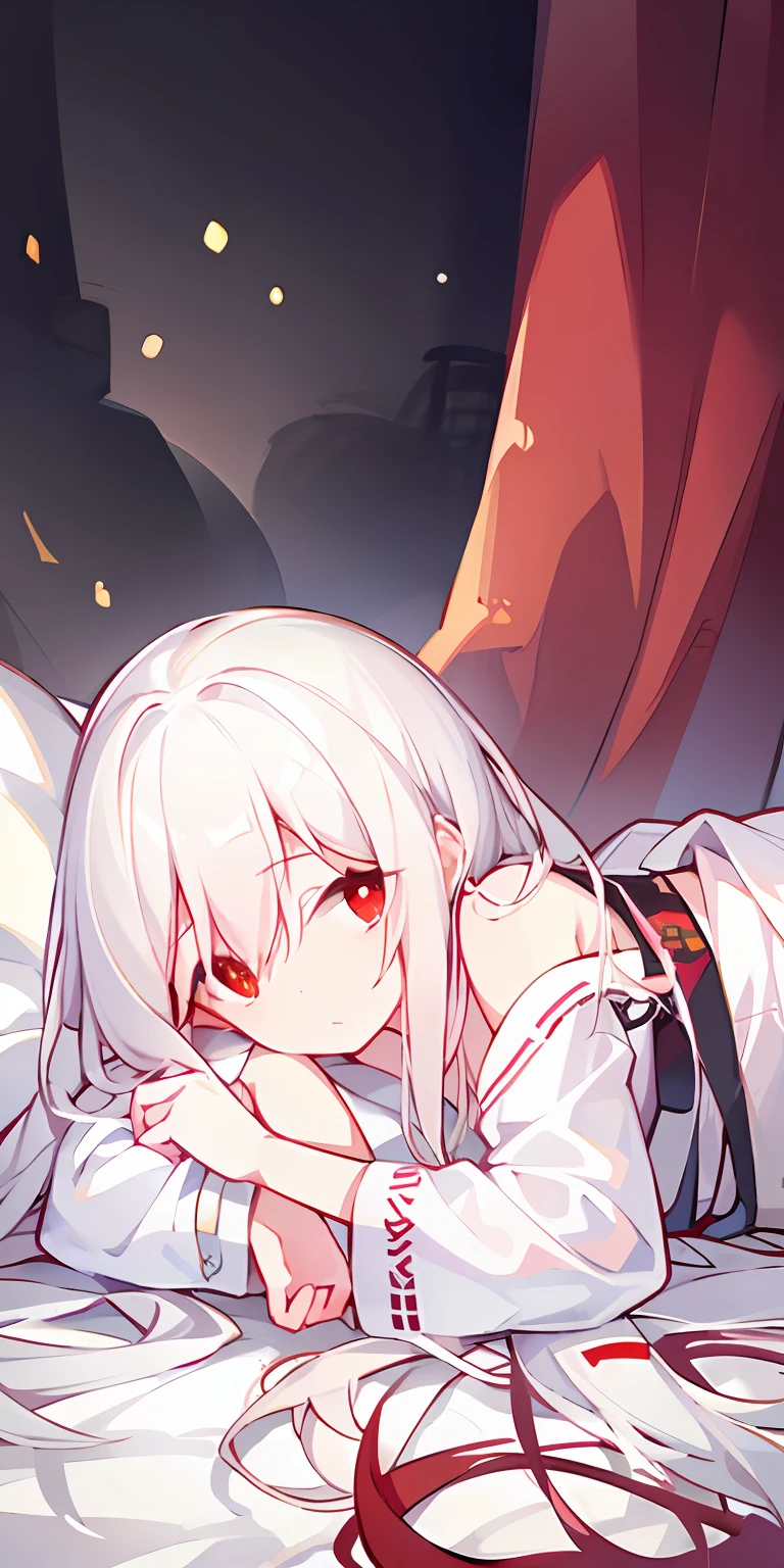 long white hair,red pupils,white pajama,The barefoot,Lie down in bed,Go to bed,Disheveled clothes