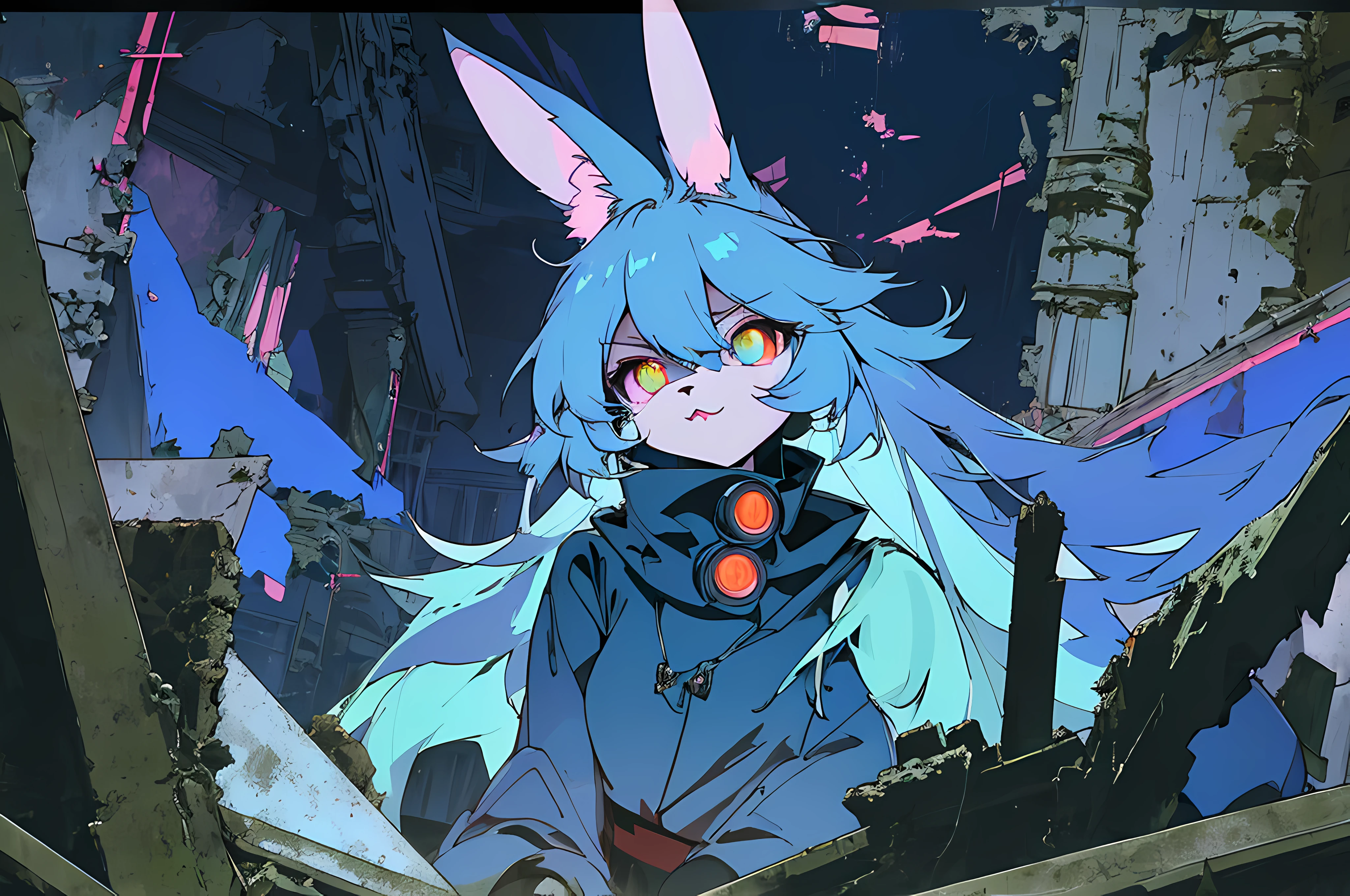 (vintage vhs), (crt screenshot), (((dark scene))), (((dark cloudy scene))), (((bleak dark nighttime unlit scene, dark colors))), (((underground basement scene))), (((unlit nighttime scene))), (((dark abandoned cathedral house))), (((solemn blue anthro kemono furry rabbit exploring old ruins))), (((underground cavern exploring in old ruins))), anime rabbit character with futuristic hair and glowing eyes exploring old ruins, anime art, anime aesthetic, (((old ruins in background cel art))), kemono anime rabbit girl, wearing cybernetic bunny ears, angry female fighter --v6
