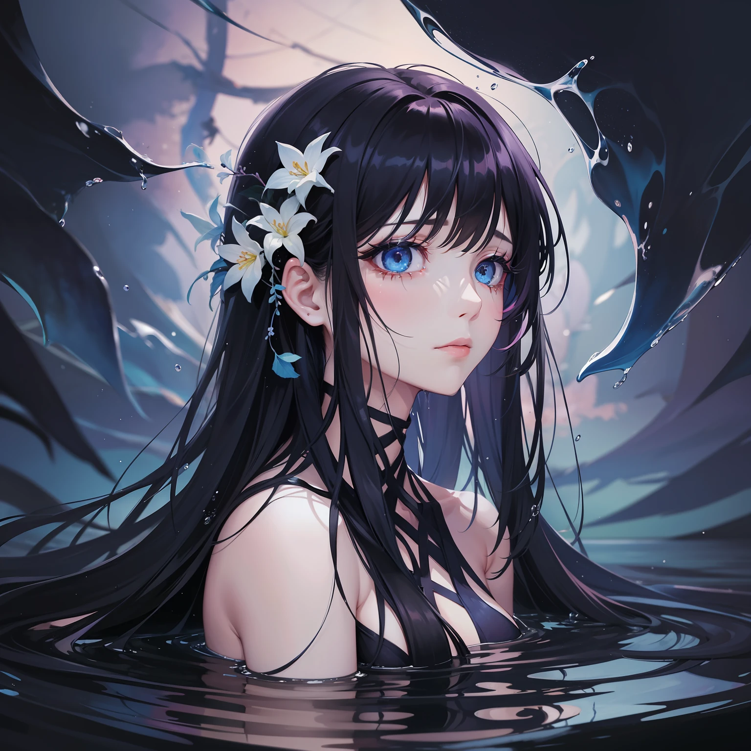 "A watercolor painting depicting a scene of profound beauty and aesthetic appeal. It features a girl with strikingly colorful hair, half black and half blossoming with flowers. The setting includes elements of water and liquid, manifesting in the dark hues of the night. Despite the vibrant colors, a sense of despair permeates the scene as the solitary woman appears to be weeping."