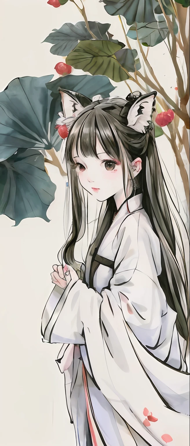 ((4K,Masterpiece,Best quality)), shuimobysim, Traditional Chinese painting, lotuses, Hanfu, maxikit, Dress conservative 1 girl, 独奏, White hair, fox ear, white colors, The fish, lots of fish near the boy, looking at the viewer only,