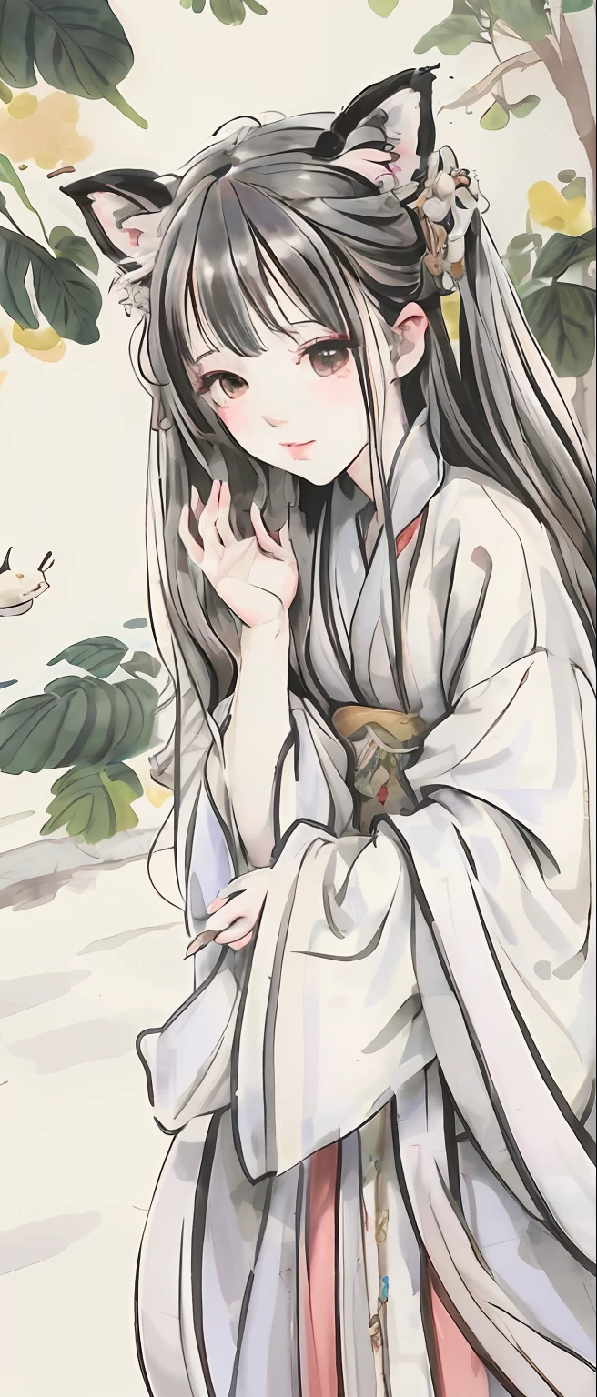 ((4K,Masterpiece,Best quality)), shuimobysim, Traditional Chinese painting, lotuses, Hanfu, maxikit, Dress conservative 1 girl, 独奏, White hair, fox ear, white colors, The fish, lots of fish near the boy, looking at the viewer only,