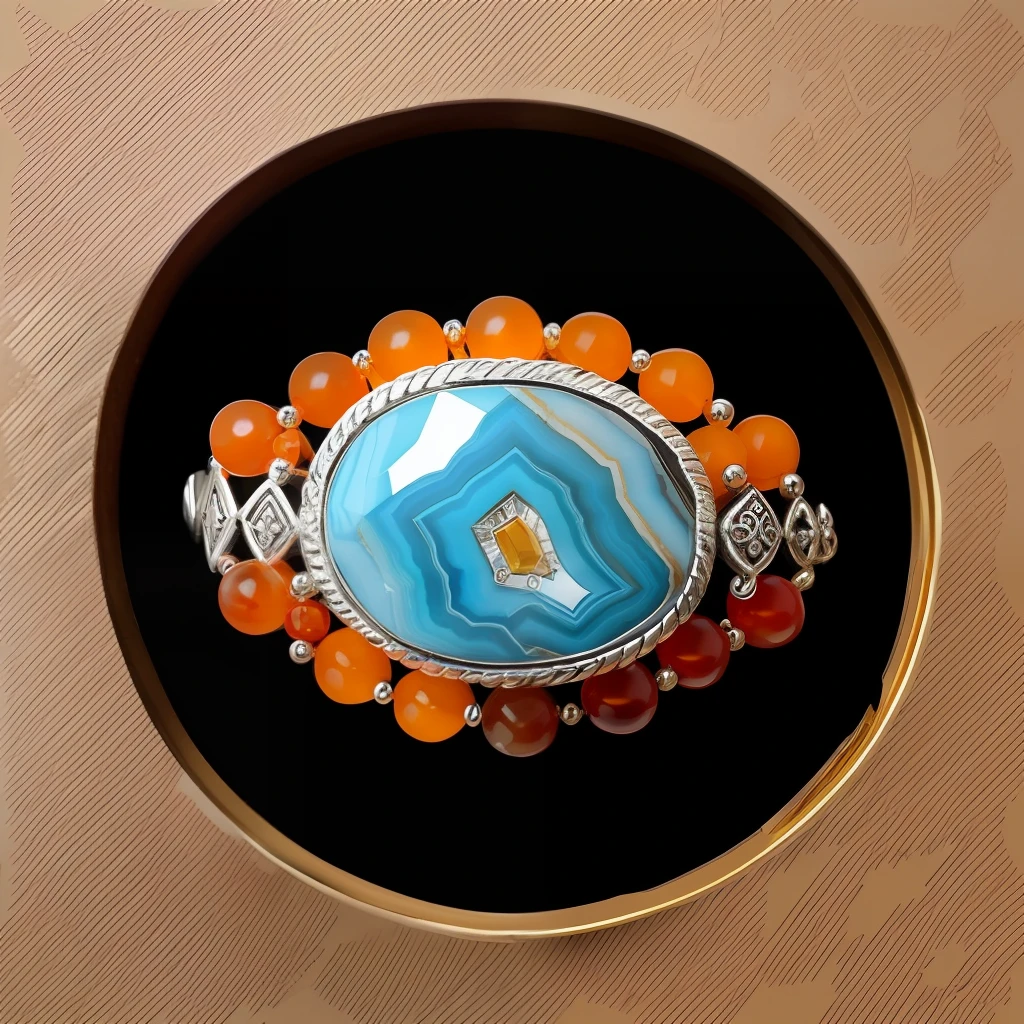 (tmasterpiece,best qualityer,ultra-precise detail),High quality jewelry,Silver bracelet with sea buckthorn flower shaped agate,Bright and incredibly bright in the light。(a sketch)