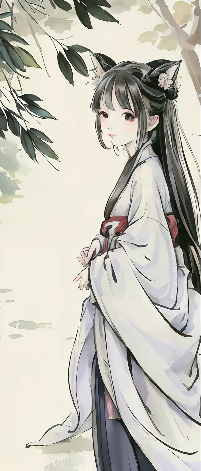 ((4K,Masterpiece,Best quality)), shuimobysim, Traditional Chinese painting, lotuses, Hanfu, maxikit, Dress conservative 1 girl, 独奏, White hair, fox ear, white colors, The fish, lots of fish near the boy, looking at the viewer only,