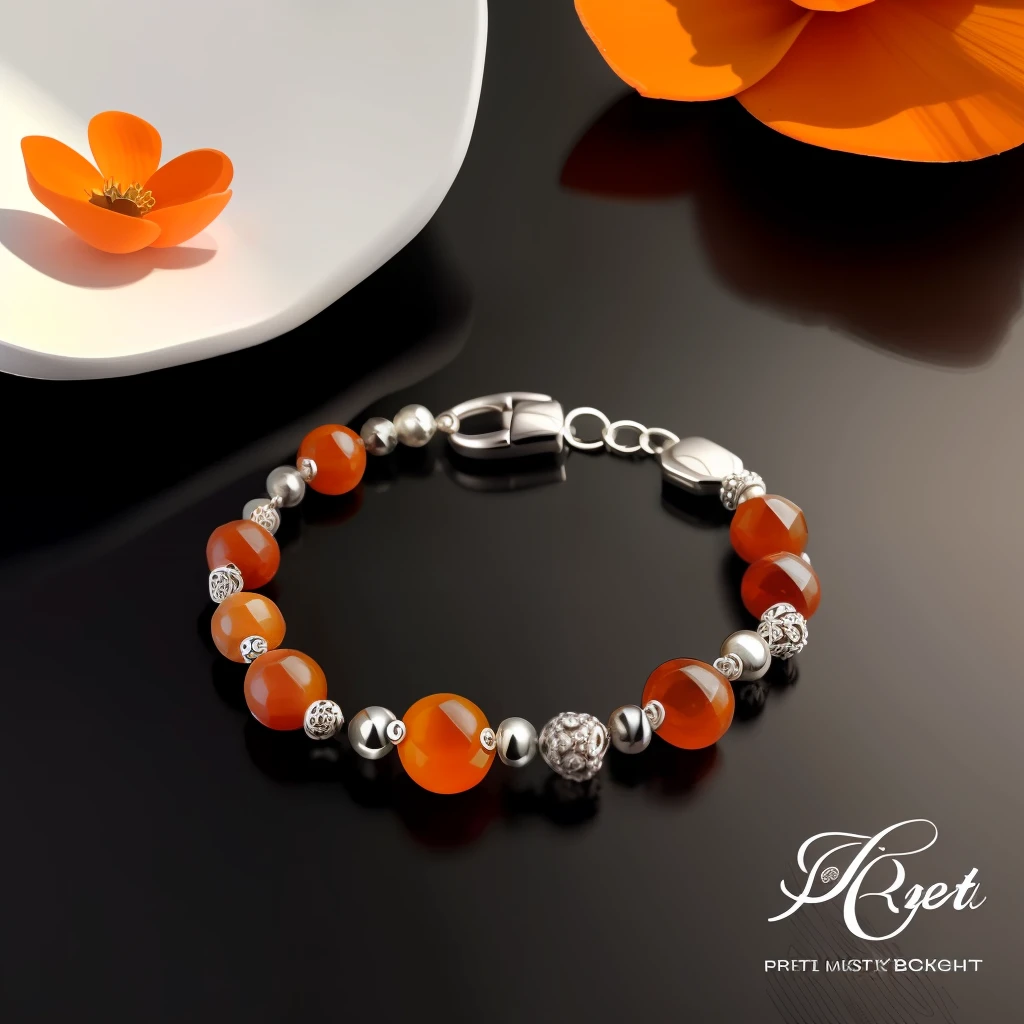 （tmasterpiece，best qualityer，ultra-precise detail），High quality jewelry，Silver bracelet with sea buckthorn flower shaped agate，Bright and incredibly bright in the light。（a sketch）