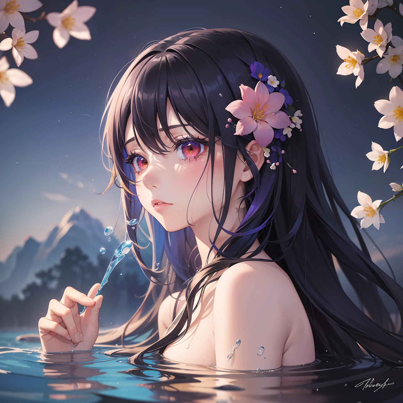 "A watercolor painting depicting a scene of profound beauty and aesthetic appeal. It features a girl with strikingly colorful hair, half black and half blossoming with flowers. The setting includes elements of water and liquid, manifesting in the dark hues of the night. Despite the vibrant colors, a sense of despair permeates the scene as the solitary woman appears to be weeping."