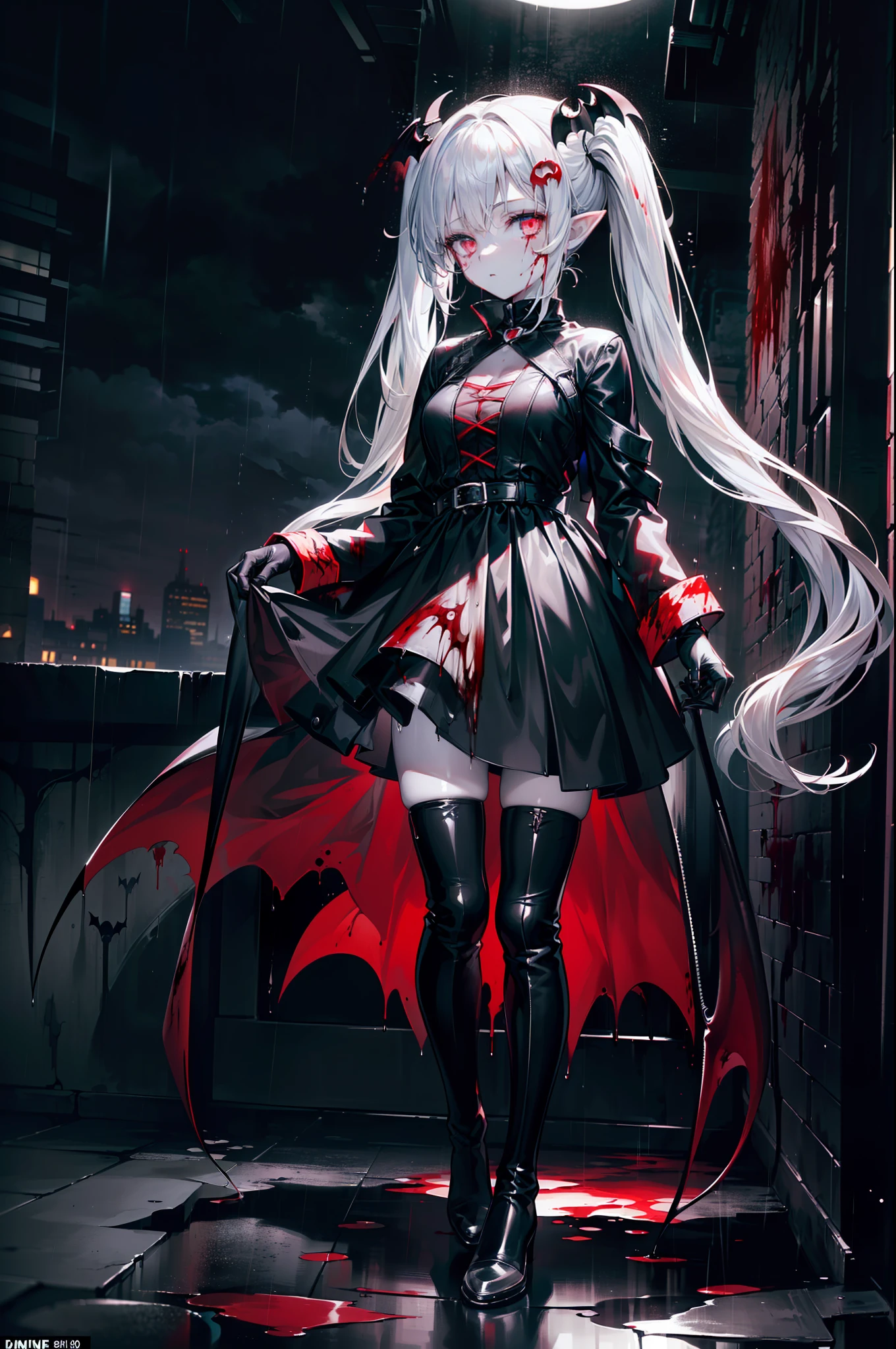 ((masterpiece, best quality, extremely detailed CG, unity 8k wallpaper,anatomically correct,ultra resolution)),Award-winning photography,(best illumination,Very Delicate and Beautiful),(one girl,solo,li:1.5),(Vampire:1.45),silver hair,(twintails:1.2),glowing red eyes,(pale skin:1.45),(extremely beautiful and detailed face:1.2), (extremely beautiful and detailed eyes:1.2),perfect hands,delicate legs,((bat hair ornament)),(graceful,fashion),pointy ears,((military uniform:1.4,black thigh boots,black leather gloves)),looking at viewer,cruel,(cute:1.5),((night, dark atmosphere, dark theme, darkness:1.5)),dramatic shadows,(dimly lit:1.5),blood on face,blood on floor, blood on walls,(blood mist,blood splash:1.4),depth of field,(Bustling city:1.2,in the rain:1.3),cloudy sky,raining,skyline,(perfect human body structure with maximum precision)