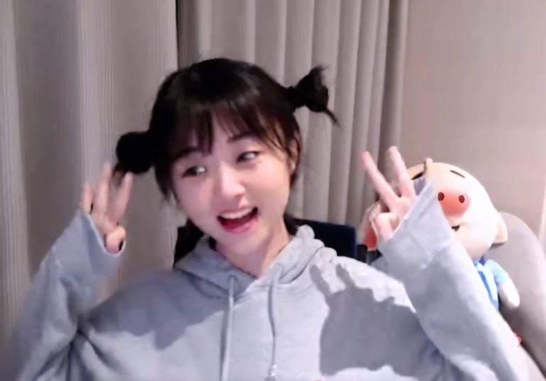 Arad woman in a gray sweatshirt and plush toy with braids, Ruan cute vtuber, wan adorable korean face, she has a cute expressive face, She has a cute face, She has black hair,By bangs, she has two ponytails, Korean girl, and she smiling,Very excited, with black pigtails, black haired girl wearing hoodie