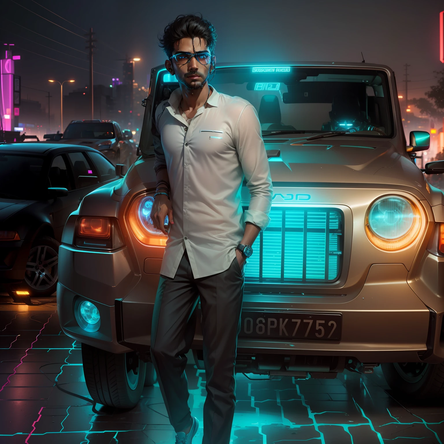 Cyberpunk, Indian men with car, smart, handsome, transparent goggles, realistic, wet skin, ultra resolution 8k, high definition, realistic realism