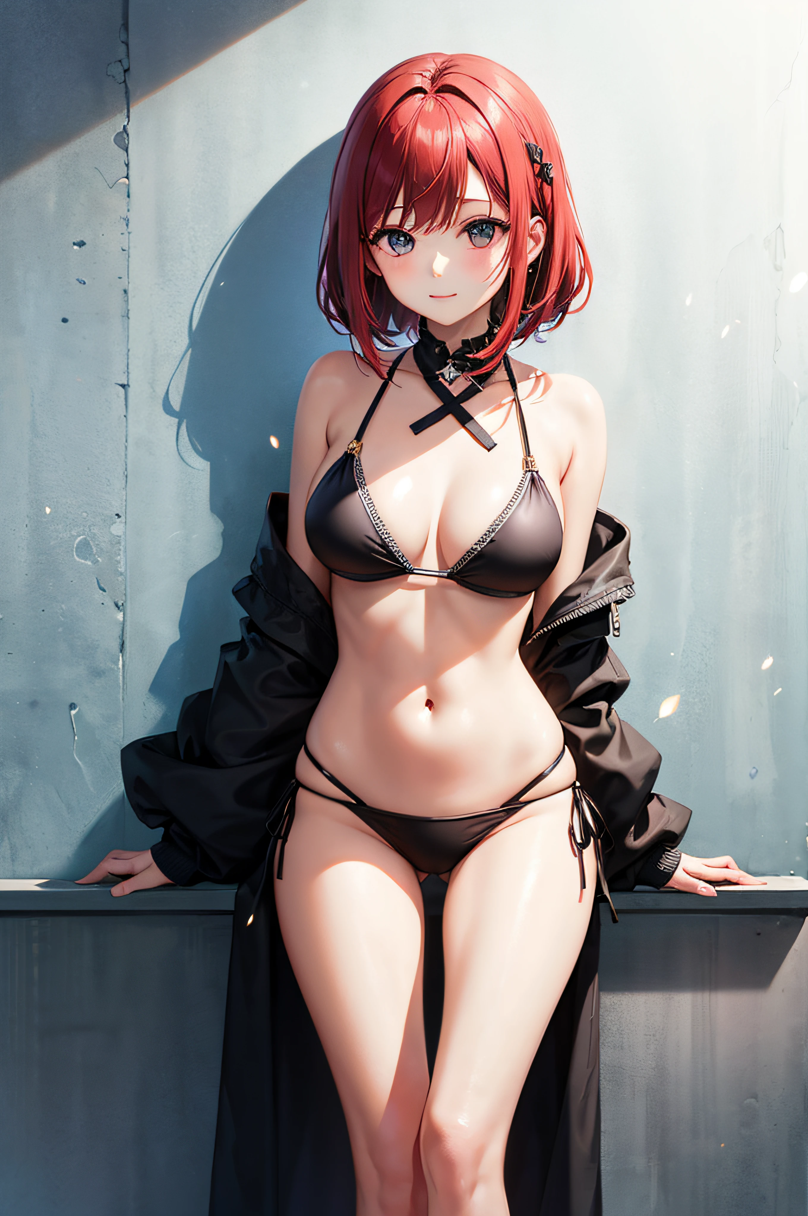 there is a woman in a bikini posing for a picture, Seductive Anime Girl, charming anime girls, realistic bikini, beautiful alluring anime woman, Beautiful anime girl, Anime Girl, photorealistic anime girl render, (Anime Girl), beautiful anime woman, beautiful alluring anime teen, beautiful anime girl squatting, pretty anime girl, Black Micro Bikini, Anime Girls