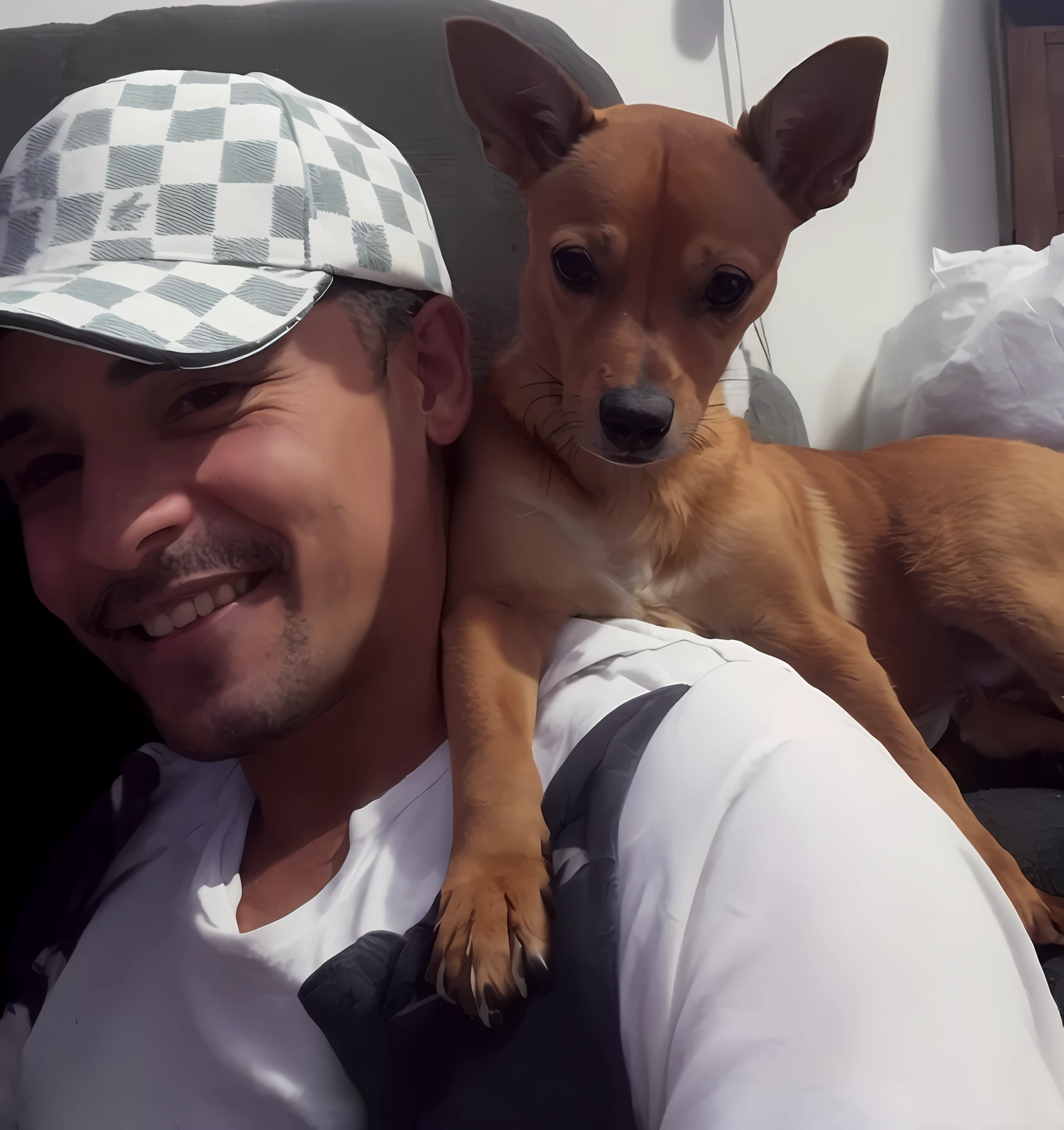 Araffe dog sitting on a man's shoulder while he is smiling, with his hyperactive little dog, imagem de qualidade muito baixa, foto do perfil, Foto do perfil, imagem de perfil, Upload de alta qualidade, 1614572159, Foto do perfil, Luis Nieves Sr.., victor maristane, Foto realista, 2 7 anos, Chihuahua