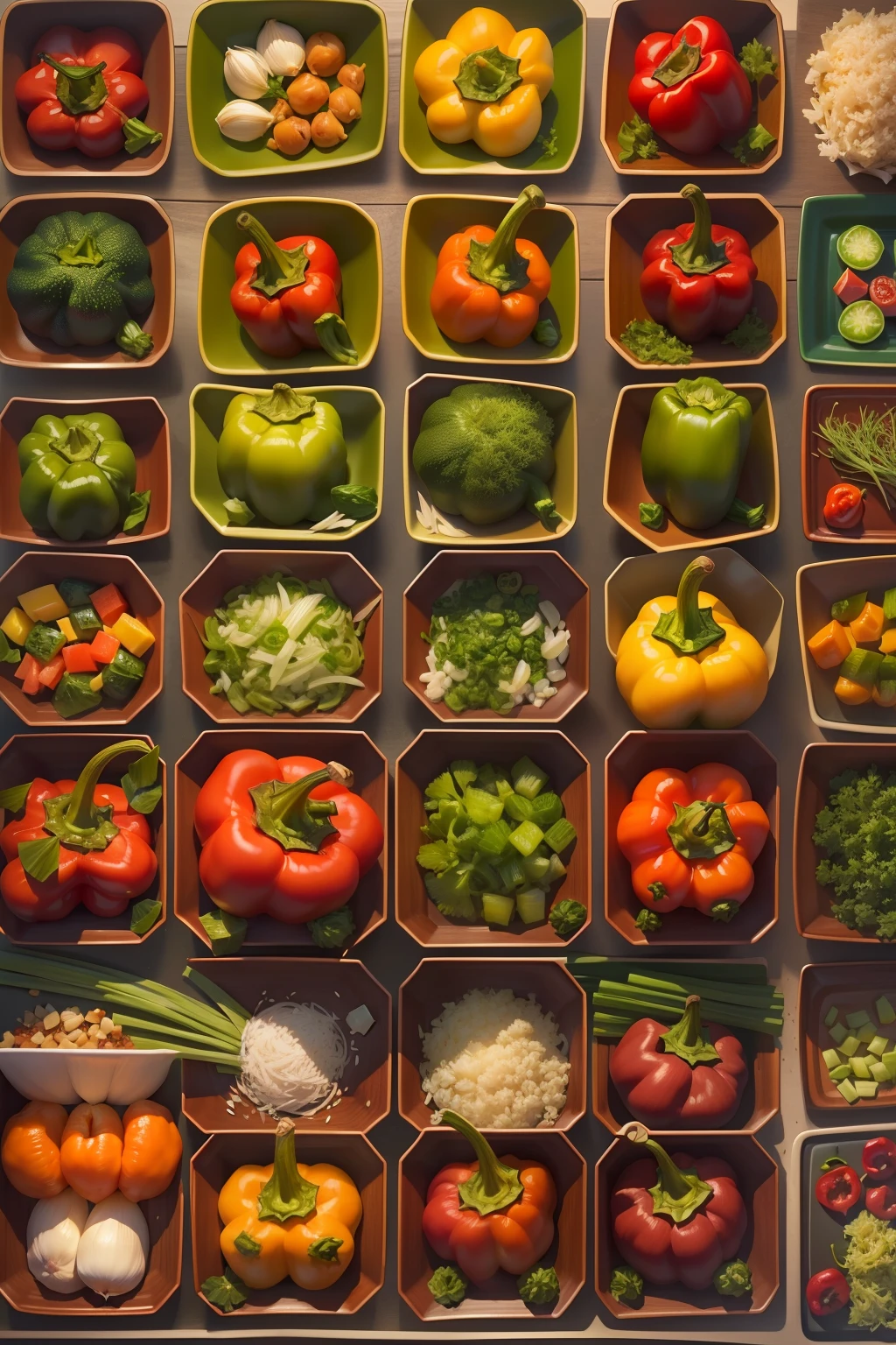 stuffed peppers、Fat and thin、oily and delicate、a little chopped green onion、garlic、super realistic food picture、Complete theme shown in the picture、、Randy Post、Hyper realistic「hyper realstic」、Night of High Resolution Photos