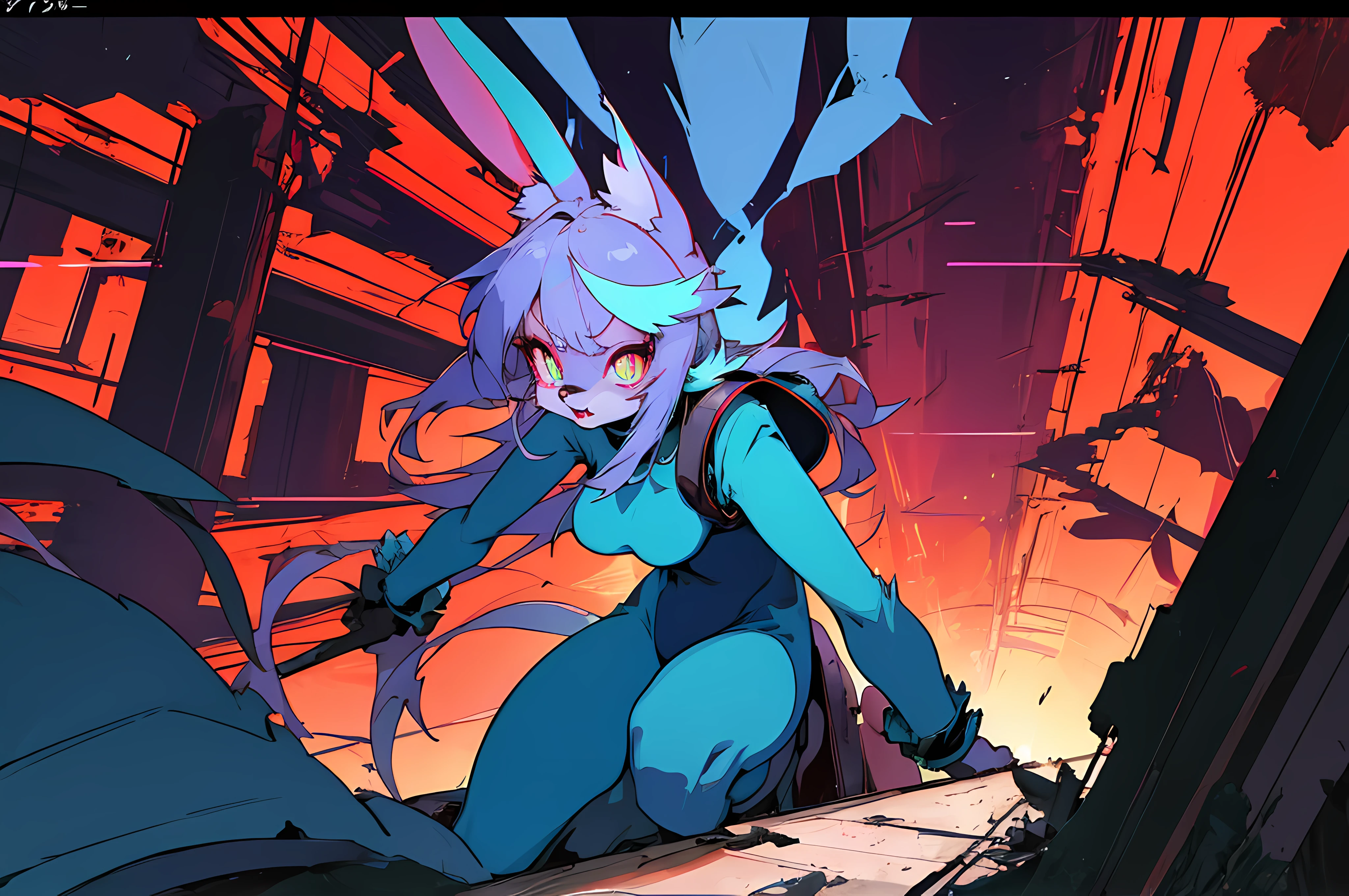 (vintage vhs), (crt screenshot), (((nighttime shopping district))), (((dark abandoned cathedral house))), (((solemn blue anthro kemono furry rabbit exploring old ruins))), (((underground cavern exploring in old ruins))), anime rabbit character with futuristic hair and glowing eyes exploring old ruins, anime art, anime aesthetic, (((old ruins in background cel art))), kemono anime rabbit girl, wearing cybernetic bunny ears, angry female fighter --v6