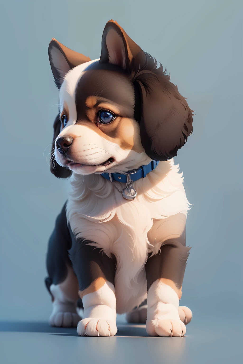 (detailed and realistic),(minimalist style,flat design,blue background),(small size),logo design,(puppy head),(simplistic and clean)