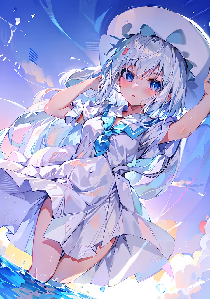 Anime girl flying over the ocean in white dress and hat, Splash art anime Loli, loli in dress, anime visual of a cute girl, White dress!! of silver hair, an anime portrait of cirno, cute anime waifu in a nice dress, style of anime4 K, from touhou, white-haired god, cirno, cirno touhou