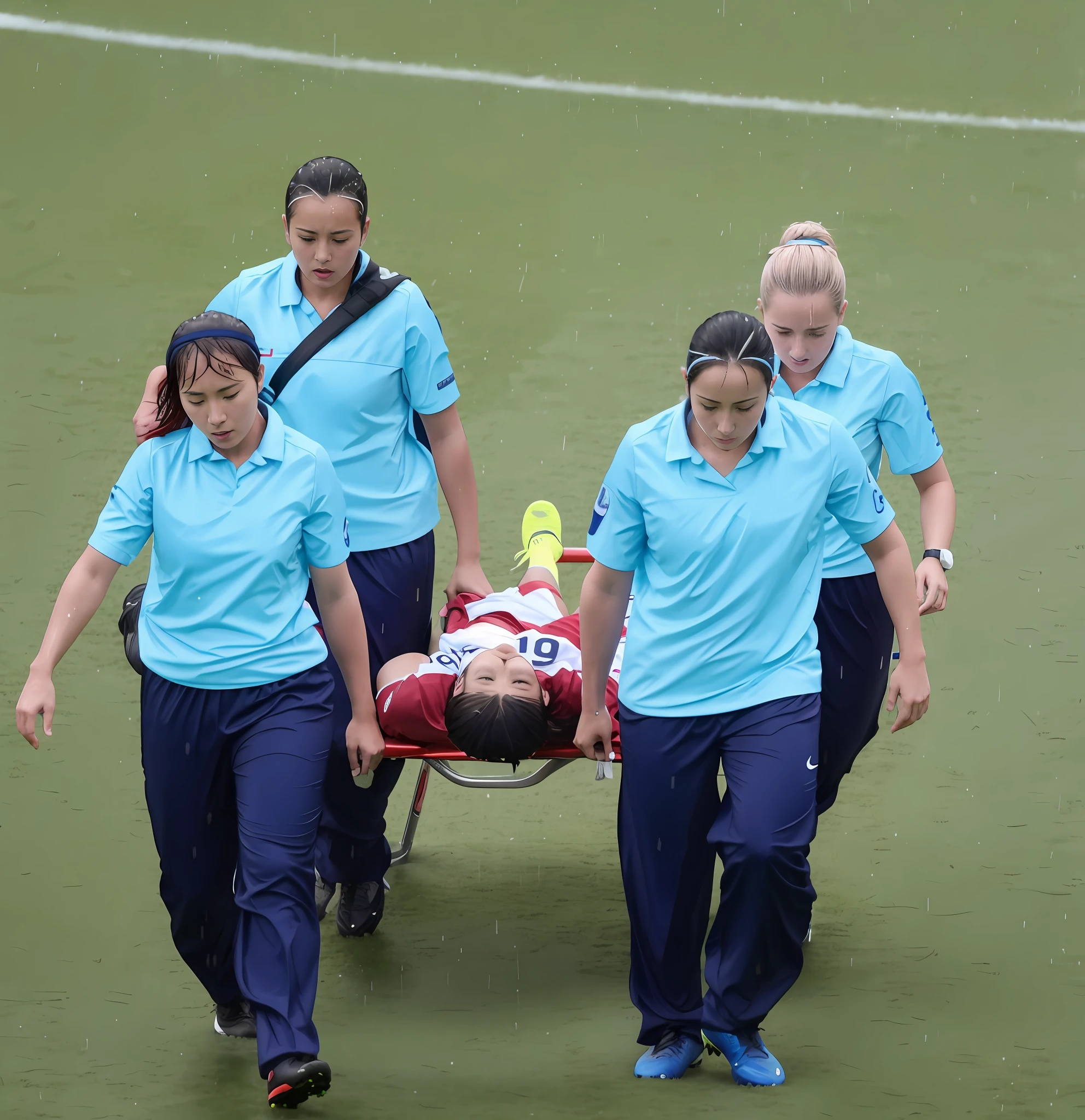 a soccer scene in a chinese sports stadium, rainy weather, wet ground, rainfall, injury scene in a sports stadium, stretcher carry, there are four female medics in wet raincoats who carrying a stretcher, there are four female medics in wet raincoats who are carrying a stretcher in a rainy sports stadium, there is a wounded male soccer player in a matte short cotton sports outfit lying on the stretcher, an injured male soccer player is lying on his back on a stretcher and is rearing up in agony, a soccer player is rearing up in pain while lying on his back on a stretcher, dramatic scene, theatralic posing scene, dramatic pity scene, injury soccer, first aid, help, pity, there are four female medics in shiny raincoats who are looking very sad and very terrified and very shocked, the injured soccer player is screaming out in pain while he is carried from the pitch on a stetcher through the rain