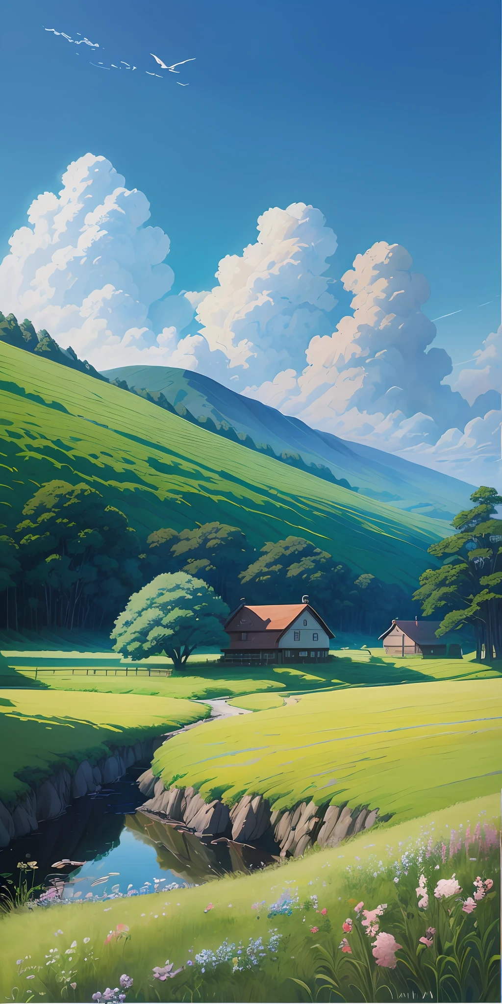 Realistic, real, beautiful and stunning landscape oil painting Studio Ghibli Hayao Miyazaki Petals Grassland Blue Sky Grassland Country Road --v6