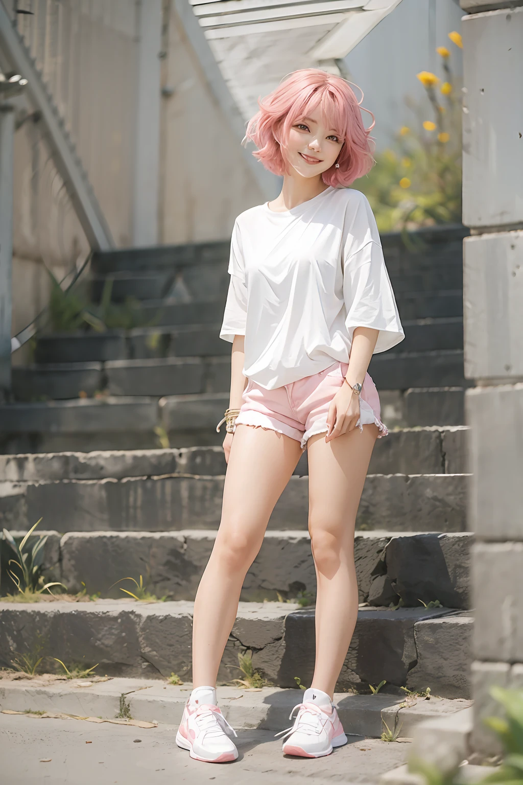 (masterpiece), (best quality), 1girl, beautiful girl, perfect body, white shirt, pink hair, short hair, smile, short shorts, silk stocking, sneakers, sunny, windy, outdoor