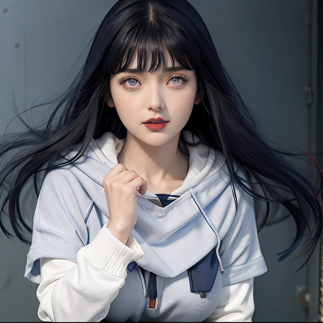 a close up of a person with long hair and a hoodie, hinata hyuga, hinata hyuga from naruto, from naruto, as an anime character, perfect anime face, she has dark blue hair with bangs, female anime character, anime character, anime best girl, hime cut hairstyle, dark blue hair, (red glossy lips:1.3), light purple eyes, big breasts, realistic, ultra detail, indoorbackground
