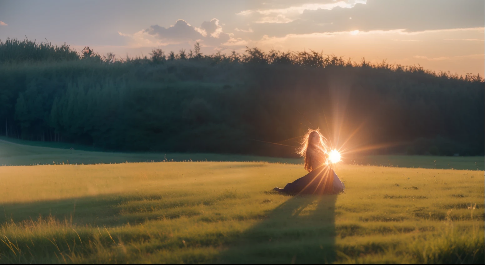 Kizi,exteriors,silber hair,Green grasslands,cinematric light,chase,the setting sun,rays of moonlight,Flashlight