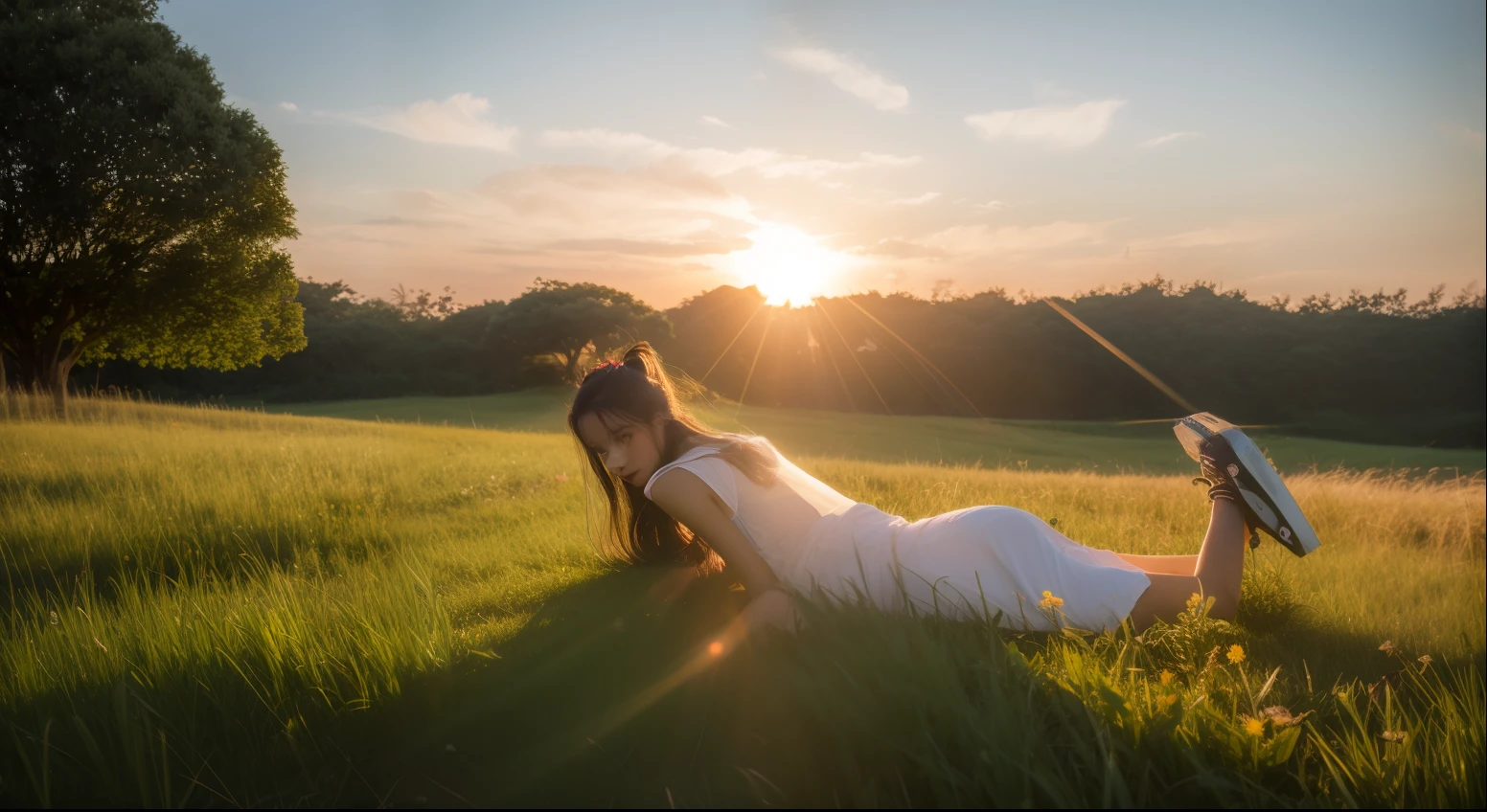 Kizi,exteriors,silber hair,Green grasslands,cinematric light,chase,the setting sun,rays of moonlight,Flashlight