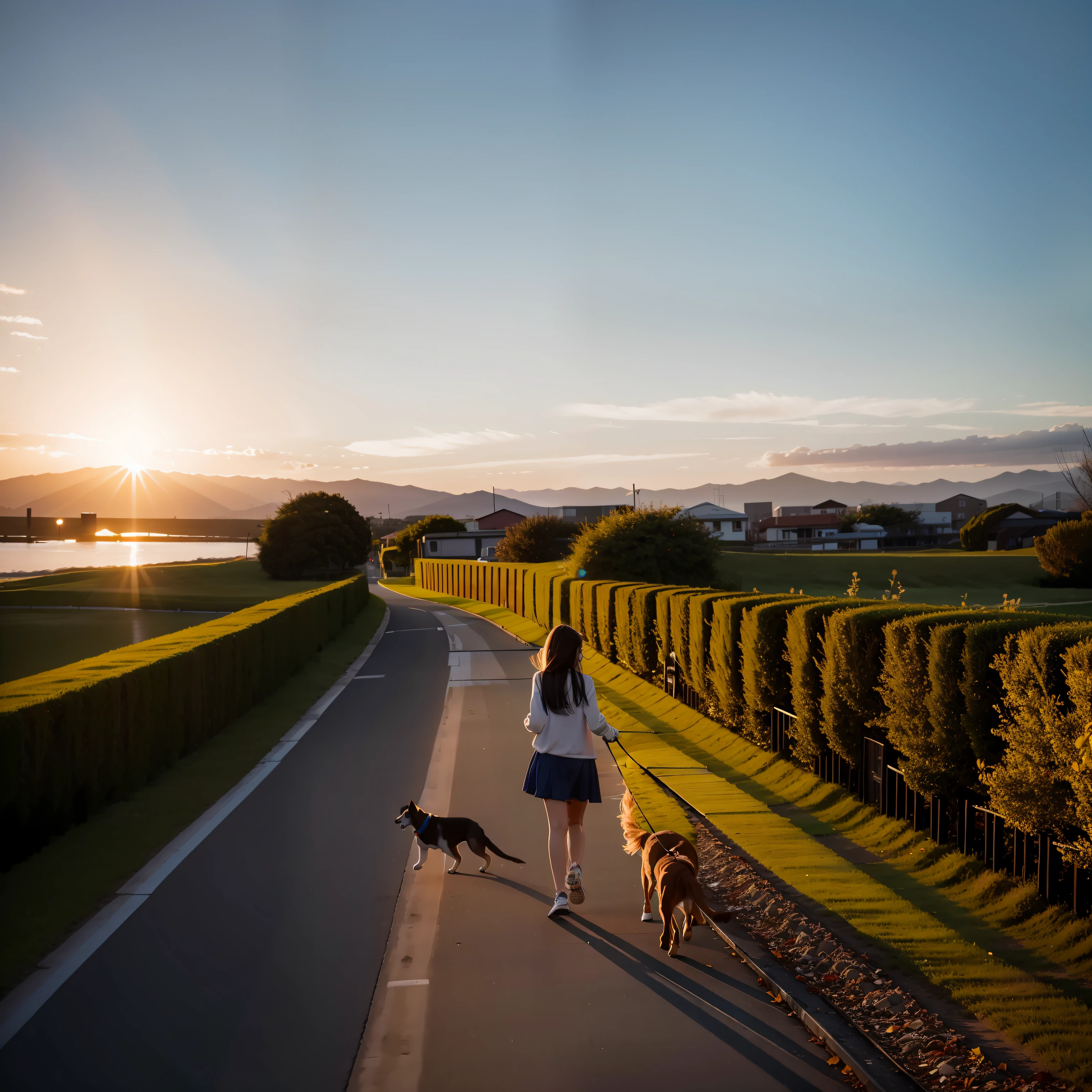 Girl walking her dog at sunset、
