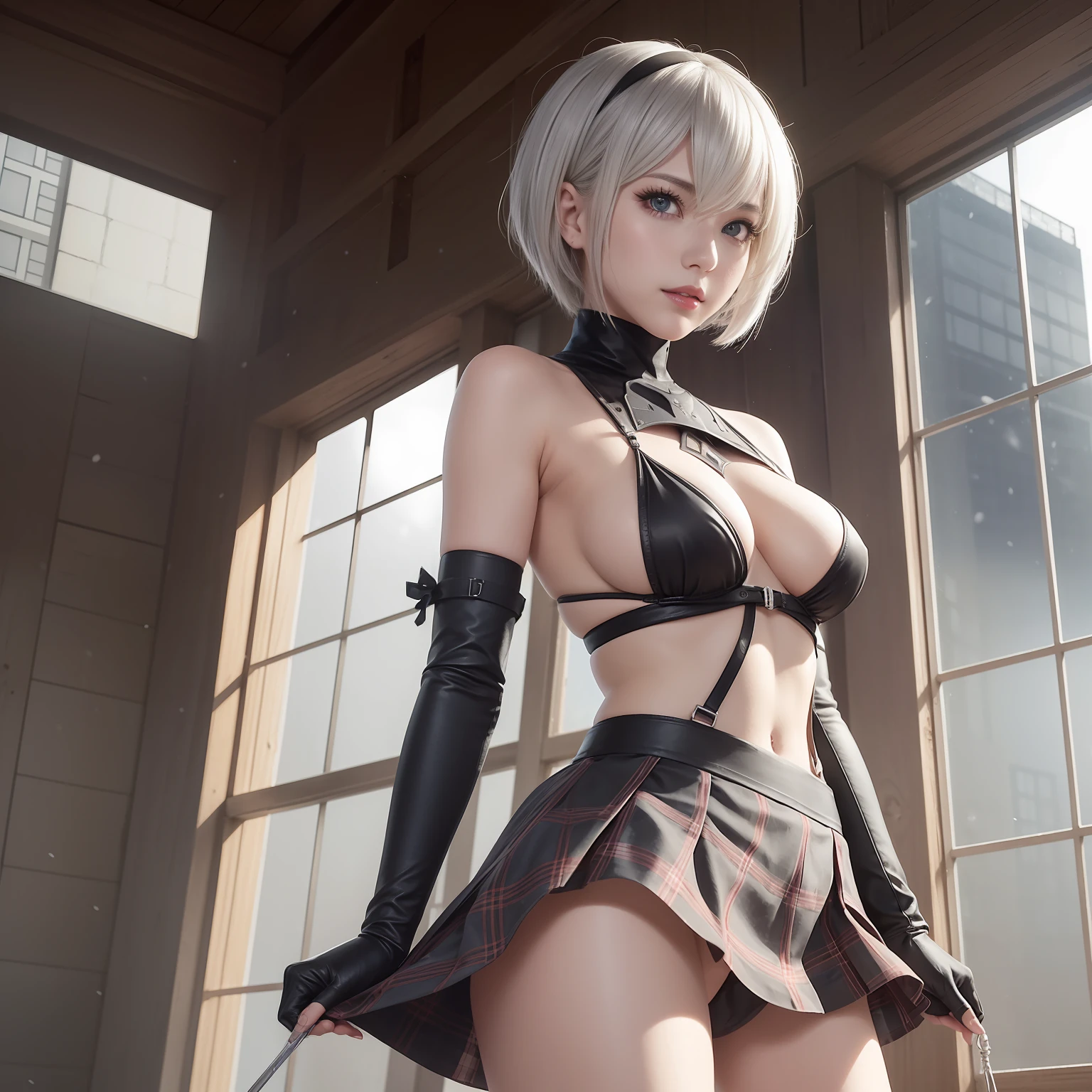 The nipple is visible、Show the pubic area、pubick hair、toppless、Show the pubic area、no-bra、No panties、sensual breasts、Show your butt、Nier Automata、Yoruha Different。 2 Type B、1人、wlop、2b、shairband、Hi-Res、Nier(Series)、Nier Automata、red-lips、Shaded face、short-hair、独奏、high-necked、Ash hair、Blue eyes、Short pleated skirt with plaid pattern、snow field、Silver World、A slight smil