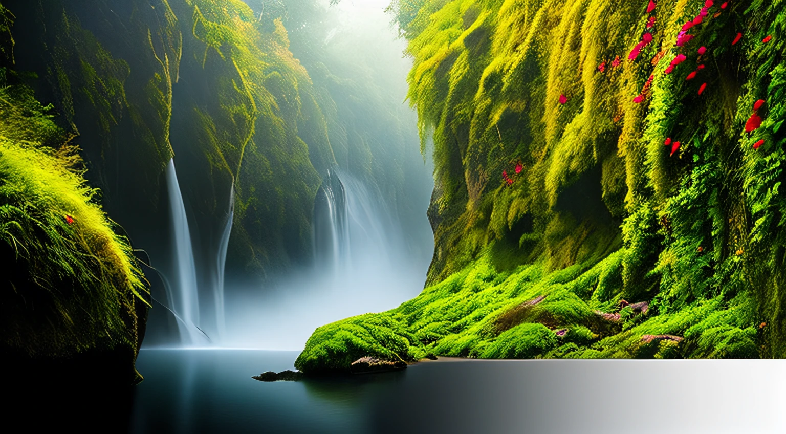 ChromaV5, nvinkpunk, masterpiece, best quality, high quality, extremely detailed realistic 8k wallpaper,landscape with texture ,Landscape photo of the most beautiful jungle in the world, (nature landscape), award winning photography, Chromatic Aberration, HDR, bloom, Photorealistic, extremely detailed, trending on artstation, trending on CGsociety, Intricate, High Detail, dramatic, RTX on, magic glowing flowers, (fog), fantasy, waterfall
