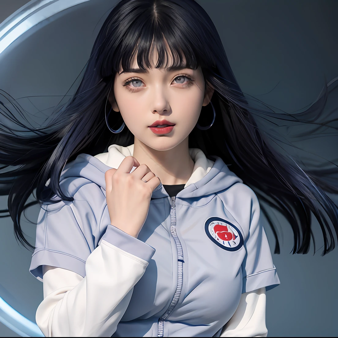 a close up of a person with long hair and a hoodie, hinata hyuga, hinata hyuga from naruto, from naruto, as an anime character, perfect anime face, she has dark blue hair with bangs, female anime character, anime character, anime best girl, hime cut hairstyle, dark blue hair, (red glossy lips:1.3), light purple eyes, big breasts, realistic, ultra detail, indoorbackground