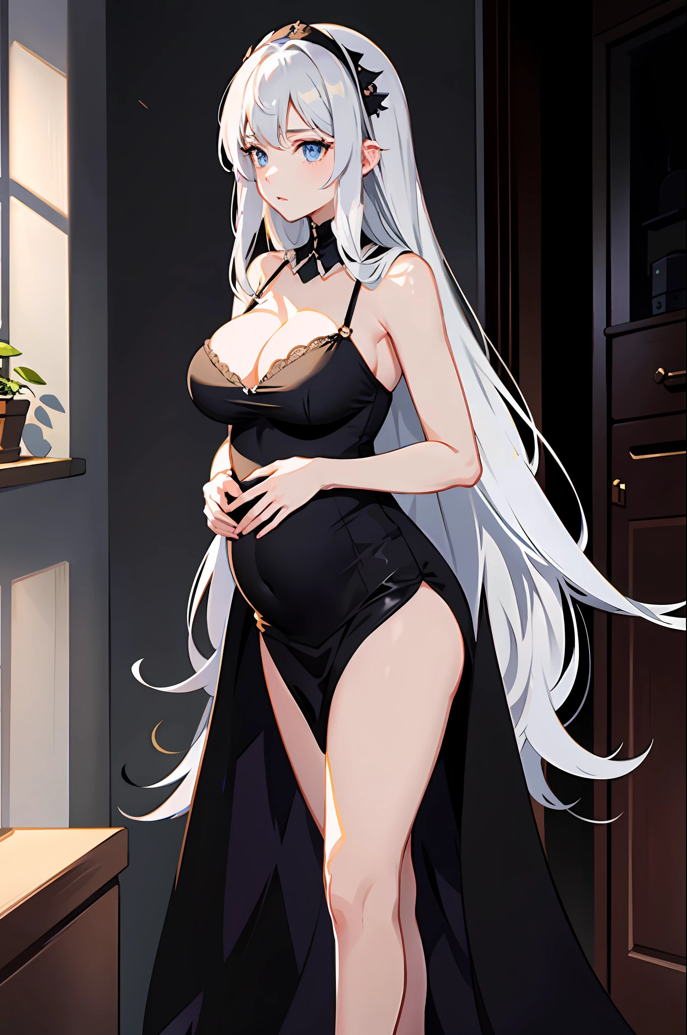 （tmasterpiece，best qualtiy，Hyper-detailing，Best shadow），Hyper-detailing，best illuminate，8K，From the front side，1girll，a matural female，，big cleavage breasts，long whitr hair，（whaite hair），eBlue eyes，Pale skin，no feelings，looking at viewert，lewd nun，chies，Hold the book，（dark chamber：1.2），Pregnant belly，Pregnant belly，full bodyesbian，Reveal a pained expression