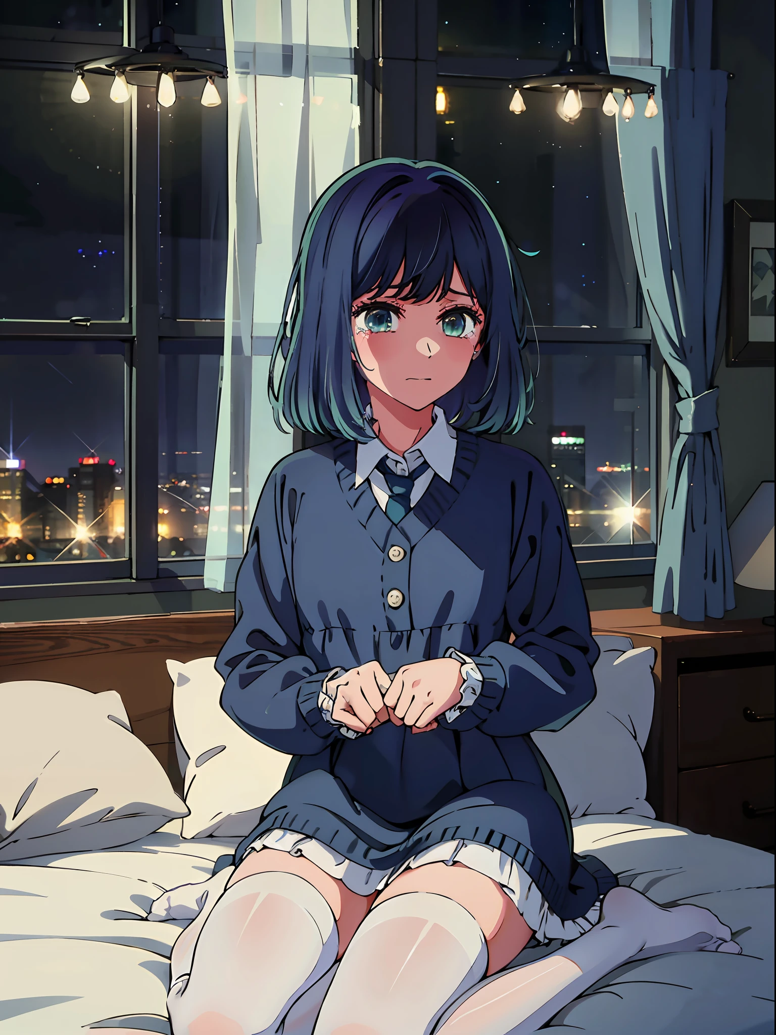 long hair, mature, embarrassing face, tears, wearing blue loli dress, white thigh high socks, lying on the bed, starry sky, at night, absurdres, high res, ultrasharp, 8K, masterpiece, looking at viewer