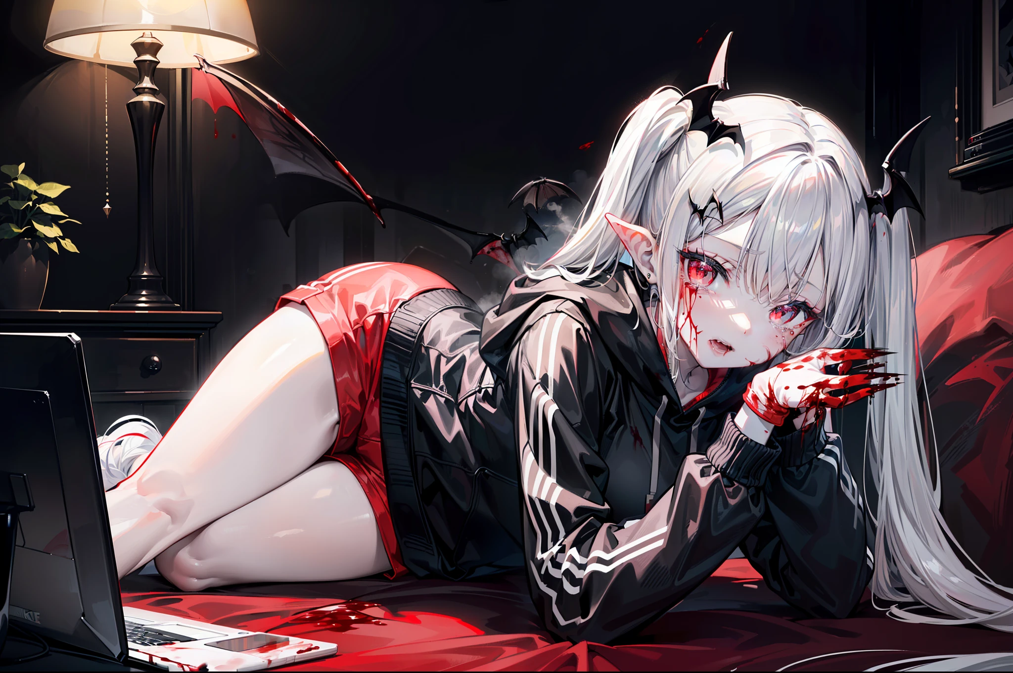 ((masterpiece, best quality, extremely detailed CG, unity 8k wallpaper,anatomically correct,ultra resolution)),Award-winning photography,(best illumination,Very Delicate and Beautiful),(one girl,solo,loli:1.5),(Vampire:1.45),silver hair,(twintails:1.2),glowing red eyes,(pale skin:1.45),(extremely beautiful and detailed face:1.2), (extremely beautiful and detailed eyes:1.2),perfect hands,delicate legs,((bat hair ornament)),(graceful,fashion),pointy ears,((nike hoodie:1.4,sports shorts,sports shoes,black leather gloves,black naked socks)),looking at viewer,sad,crying,(lying on side:1.3),tears,(cute:1.5),((night, dark atmosphere, dark theme, darkness:1.5)),dramatic shadows,(dimly lit:1.5),blood on face,blood on floor, blood on walls,(blood mist,blood splash:1.4),depth of field,(in bedroom:1.3,table lamp,computer),(perfect human body structure with maximum precision)