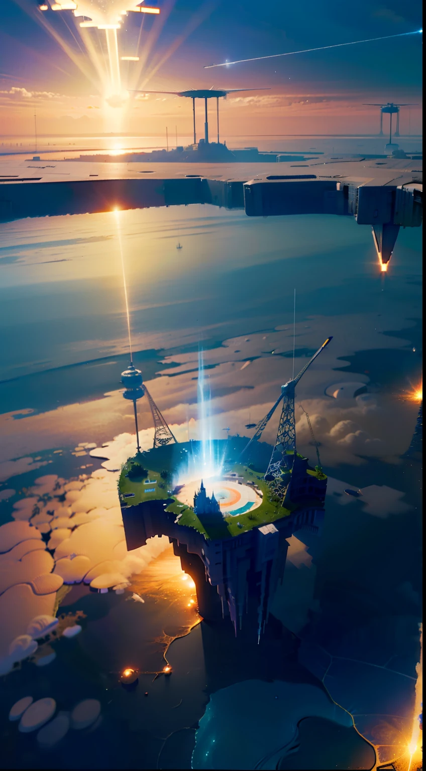 an island floating in the air，Many islands are connected together，Transparent space station ruins，Future beams，Wasteland，desolated，Sky debris，Crystal Shard，Doomsday atmosphere，Superb detail