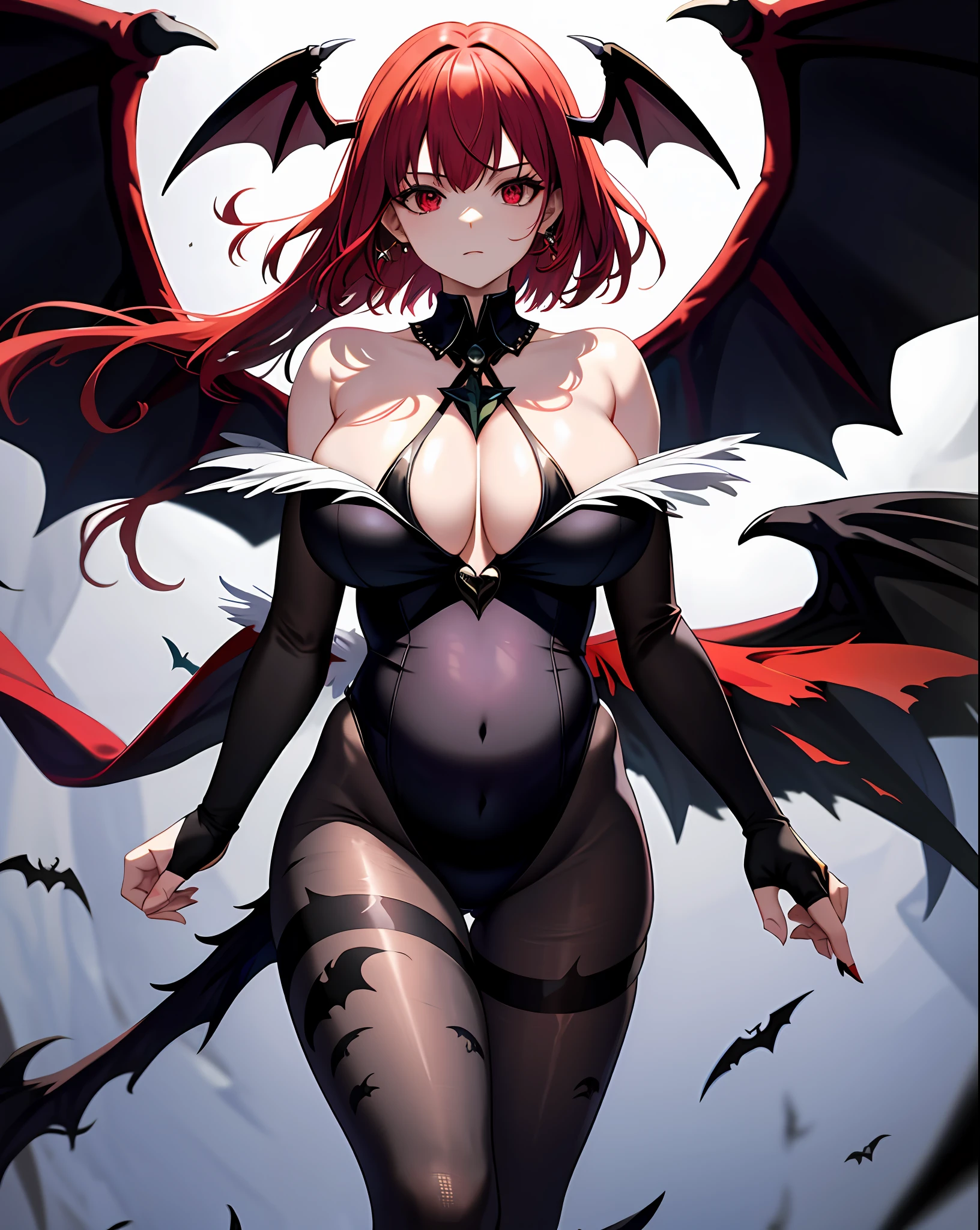 1girl, breasts, chest jewel, lacepantyhose, head wings, solo, huge tit, red hair, morrigan aensland, wings, animal print, bat print, short hair, red eyes, print legwear, sweeping bangs,leotard, bat wings, cleavage,By bangs,head gear,Claw type,exposed bare shoulders,Black leotard,looking at viewert,simple backgound,pregnant belly,Pregnant belly