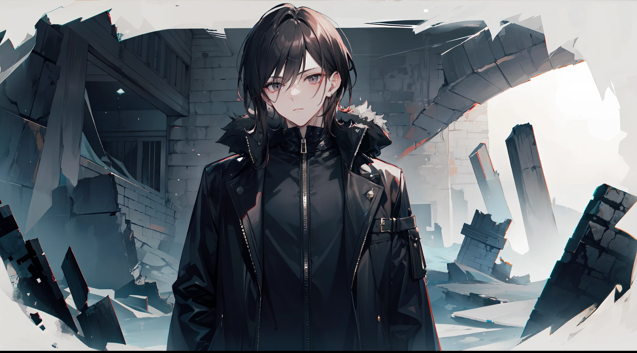 "4k, deep dark ruin without light, there's a mature male, with dark hair, random eyes, wears black coat"