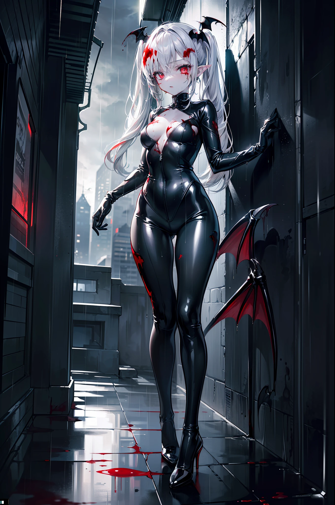 ((masterpiece, best quality, extremely detailed CG, unity 8k wallpaper,anatomically correct,ultra resolution)),Award-winning photography,(best illumination,Very Delicate and Beautiful),(one girl,solo,li:1.5),(Vampire:1.45),silver hair,(twintails:1.2),glowing red eyes,(pale skin:1.45),(extremely beautiful and detailed face:1.2), (extremely beautiful and detailed eyes:1.2),perfect hands,delicate legs,((bat hair ornament)),(graceful,fashion),pointy ears,((nano catsuit:1.4,black high heels,black leather gloves)),looking at viewer,(cute:1.5),((night, dark atmosphere, dark theme, darkness:1.5)),dramatic shadows,(dimly lit:1.5),blood on face,blood on floor, blood on walls,(blood mist,blood splash:1.4),depth of field,(Bustling city:1.2,in the rain:1.3),cloudy sky,raining,skyline,(perfect human body structure with maximum precision)