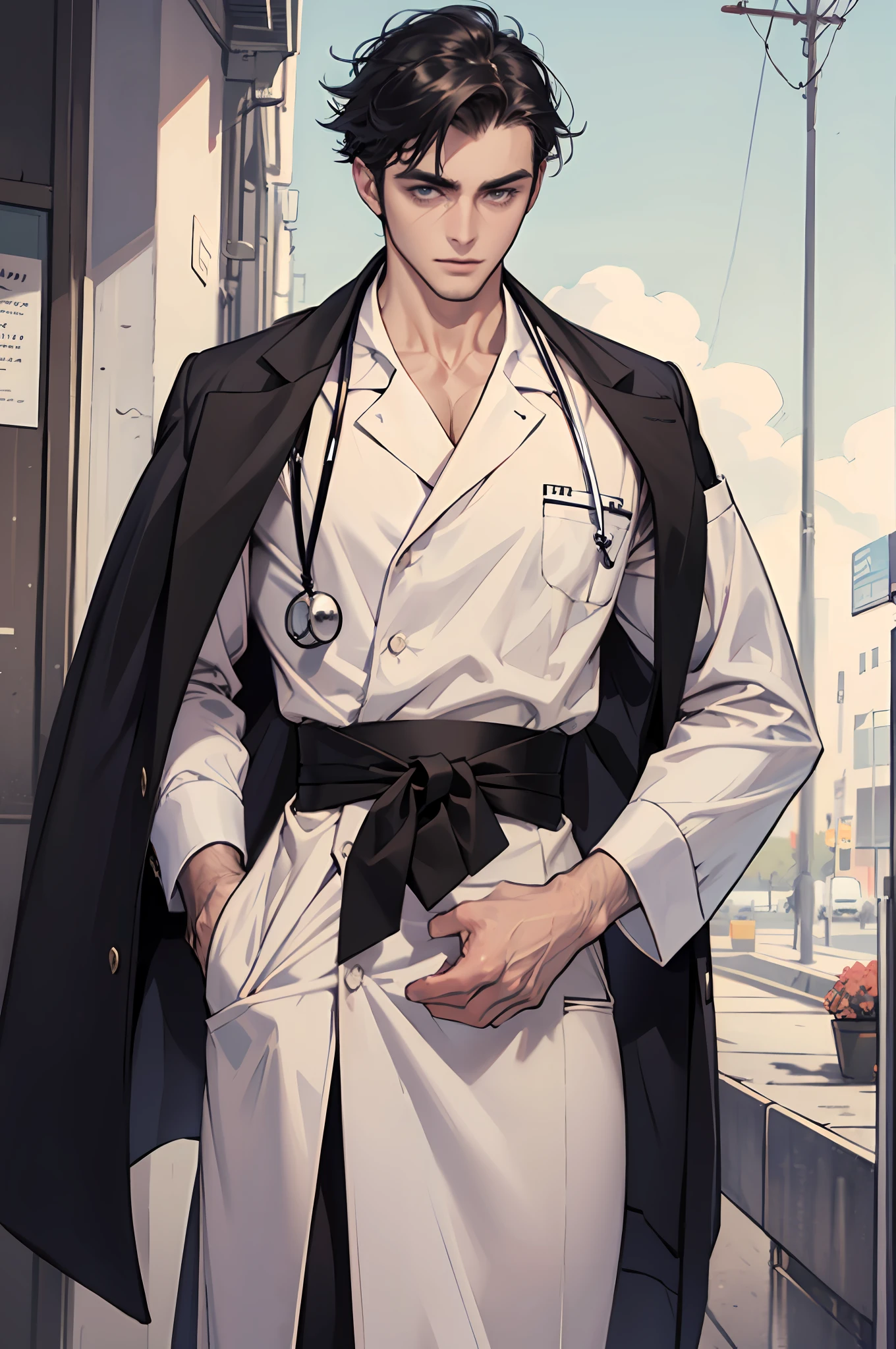 A handsome male doctor，Manteau blanc，20th century
