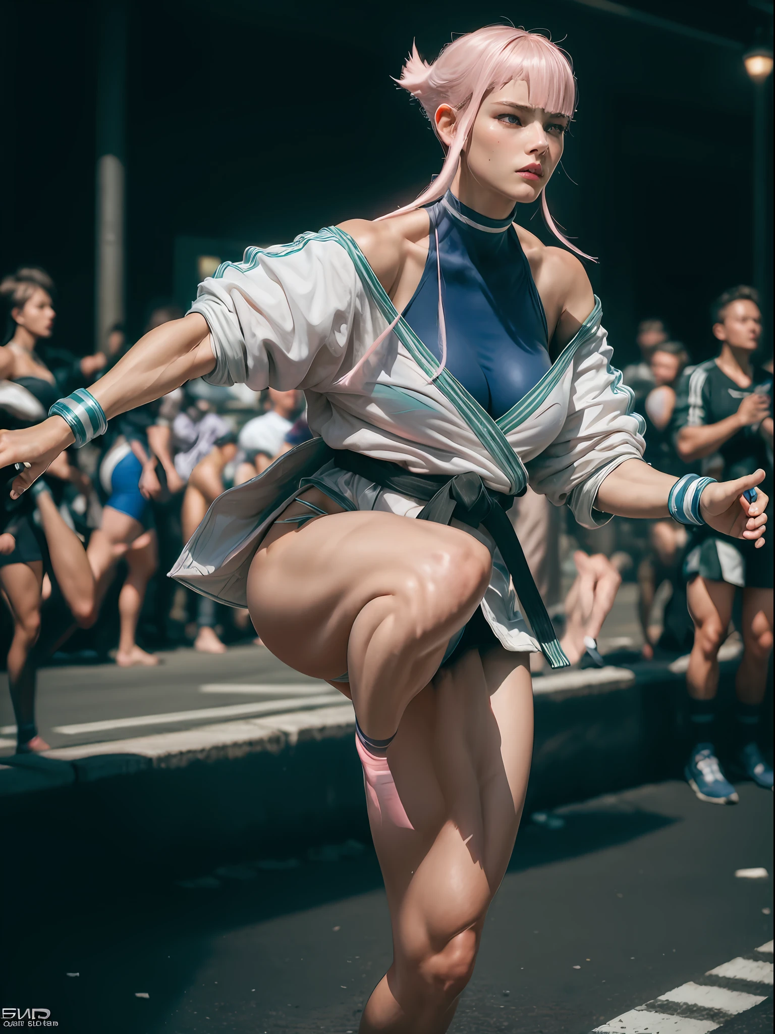 (masterpiece, best quality:1.4), (on the street), (kicking:1.5), (1girl:1), solo, (european youth:1), 1girl, manon, sf6, off shoulder, white dougi, martial arts belt, halterneck, hip vent, (bodysuit:1), (light pink hair), hyperrealistic, high detailed skin, dslr, soft lighting, high quality, highly detailed face, highly detailed eyes, highly detailed skin, skin pores, subsurface scattering, medium breast, full face blush, highly detailed face, full lips, detailed background, depth of field, volumetric lighting, sharp focus, absurdres, realistic proportions, good anatomy, (realistic, hyperrealistic:1.4), 16k hdr,