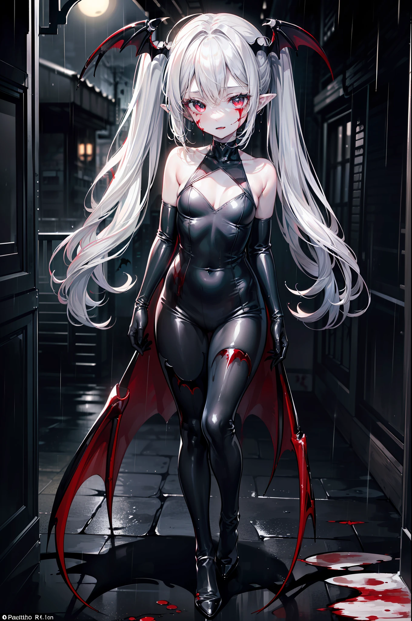 ((masterpiece, best quality, extremely detailed CG, unity 8k wallpaper,anatomically correct,ultra resolution)),Award-winning photography,(best illumination,Very Delicate and Beautiful),(one girl,solo,loli:1.5),(Vampire:1.45),silver hair,(twintails:1.2),glowing red eyes,(pale skin:1.45),(extremely beautiful and detailed face:1.2), (extremely beautiful and detailed eyes:1.2),perfect hands,delicate legs,((bat hair ornament)),(graceful,fashion),pointy ears,((nano catsuit:1.4,black high heels,black leather gloves)),looking at viewer,(cute:1.5),((night, dark atmosphere, dark theme, darkness:1.5)),dramatic shadows,(dimly lit:1.5),blood on face,blood on floor, blood on walls,(blood mist,blood splash:1.4),depth of field,(Bustling city:1.2,in the rain:1.3),cloudy sky,raining,skyline,(perfect human body structure with maximum precision)
