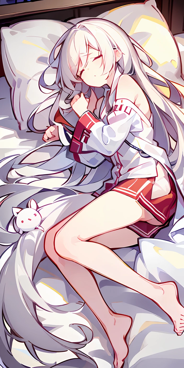 long  white hair，red pupils，white pajama，The barefoot，Lie down in bed，Close your eyes，Disheveled clothes，Pillow on the pillow，While sleeping