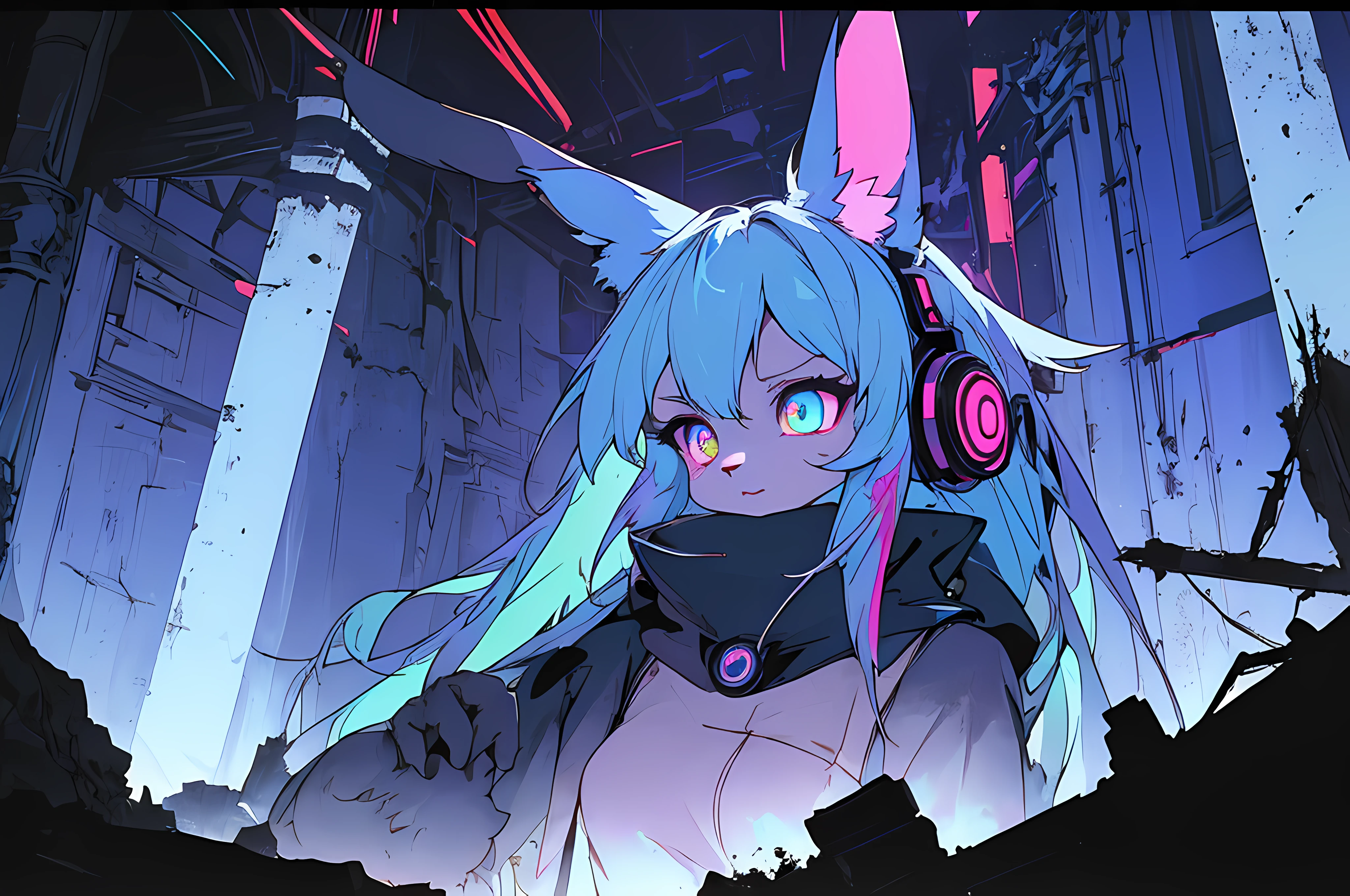 (vintage vhs), (crt screenshot), (((dark scene))), (((dark cloudy scene))), (((bleak dark nighttime unlit scene, dark colors))), (((underground basement scene))), (((unlit nighttime scene))), (((dark abandoned cathedral house))), (((solemn blue anthro kemono furry rabbit exploring old ruins))), (((underground cavern exploring in old ruins))), anime rabbit character with futuristic hair and glowing eyes exploring old ruins, anime art, anime aesthetic, (((old ruins in background cel art))), kemono anime rabbit girl, wearing cybernetic bunny ears, angry female fighter --v6