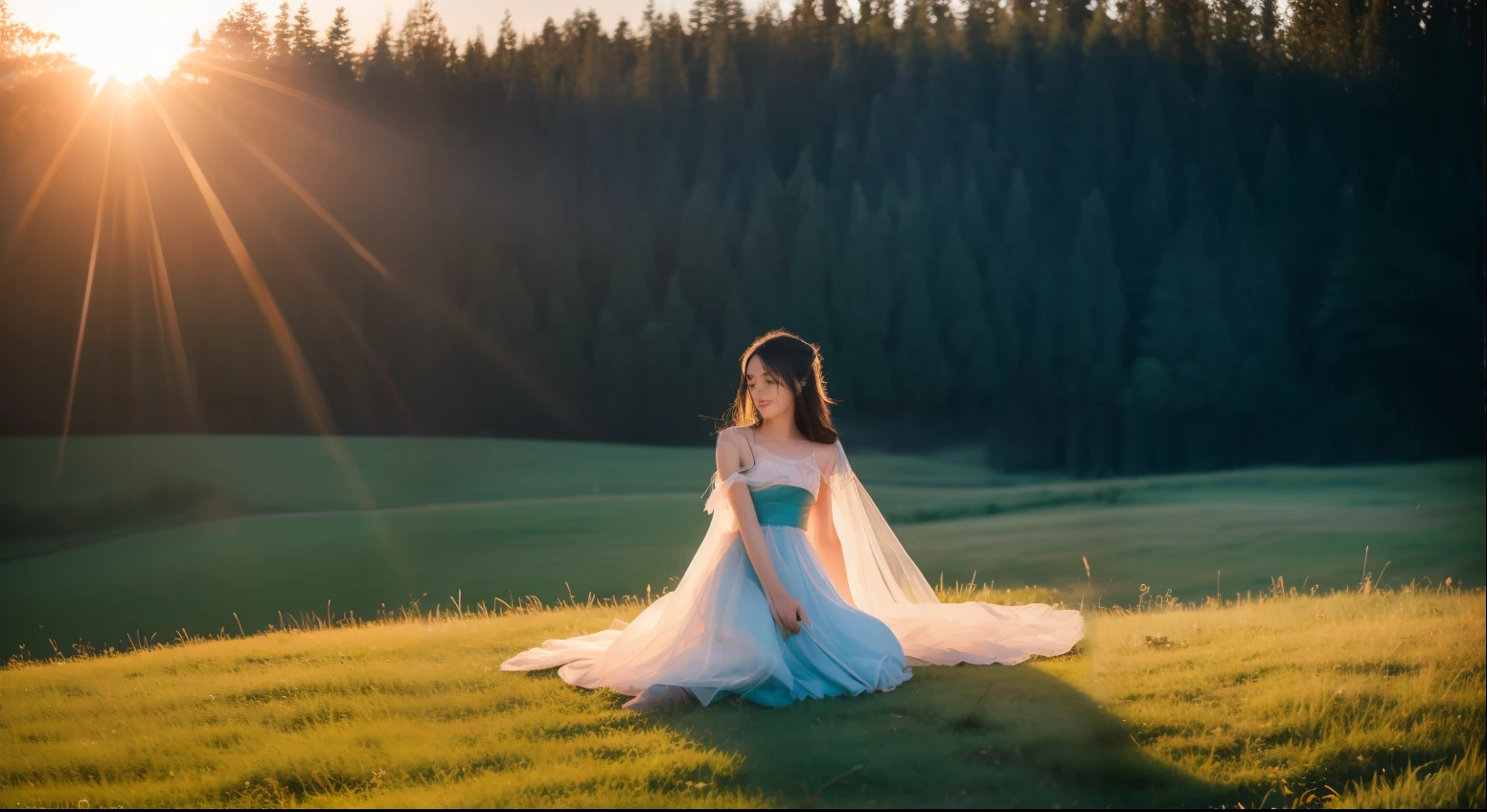 Kizi，exteriors，silber hair，Green grasslands，cinematric light，chase，the setting sun，rays of moonlight，Flashlight